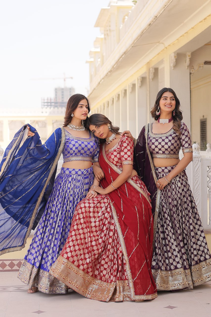 Designer Dyeable Viscose Jacquard Lehenga Choli with Sequins Embroidery