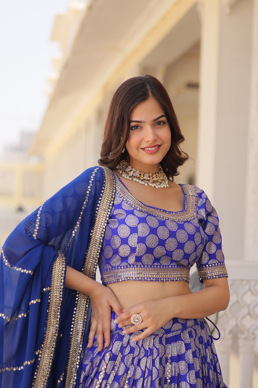 Designer Dyeable Viscose Jacquard Lehenga Choli with Sequins Embroidery