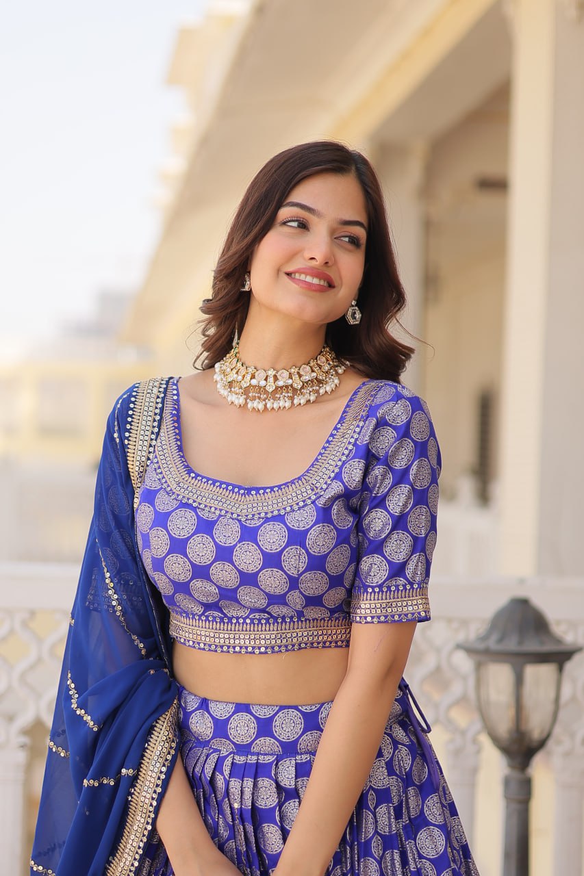 Designer Dyeable Viscose Jacquard Lehenga Choli with Sequins Embroidery