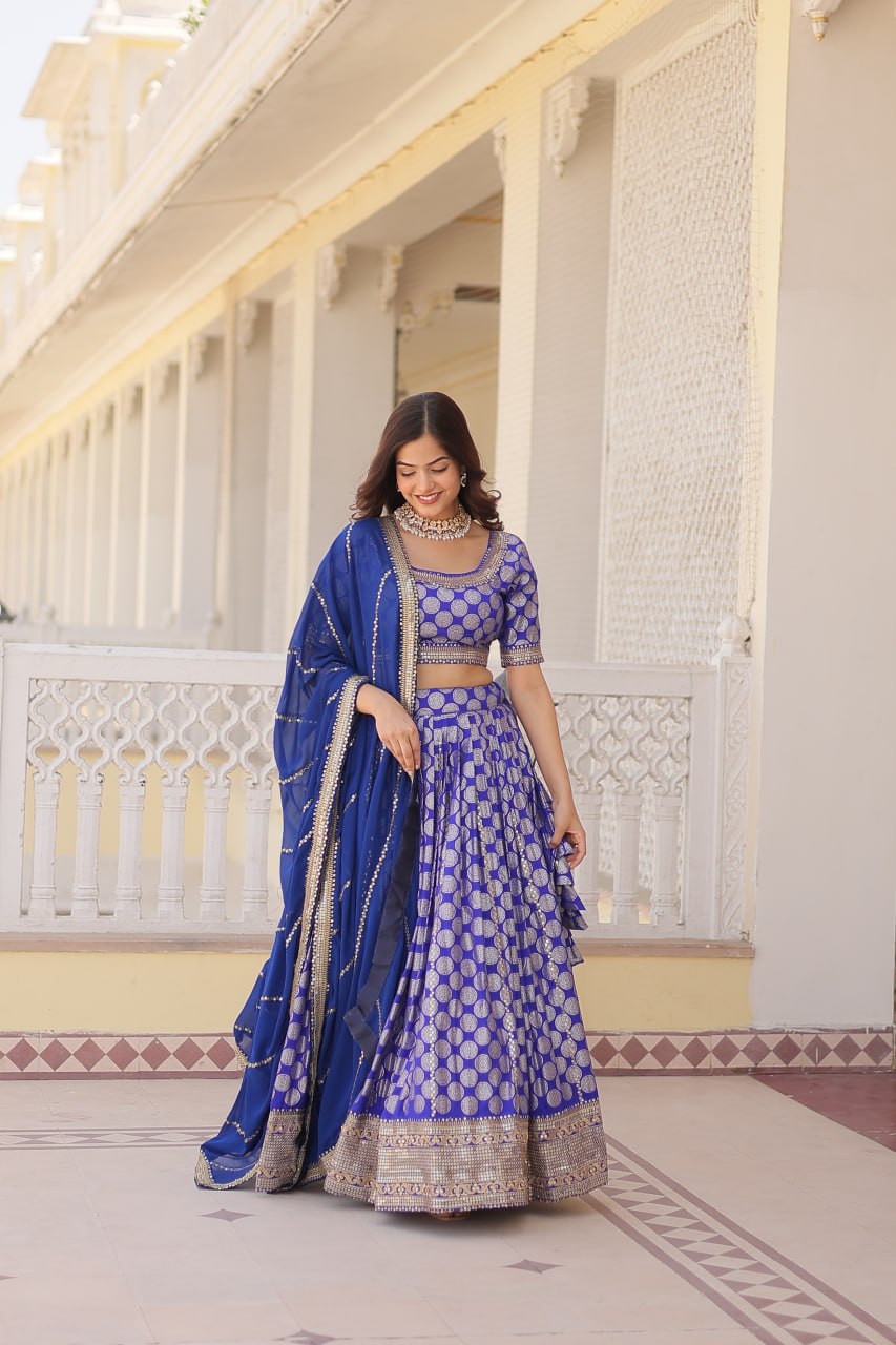 Designer Dyeable Viscose Jacquard Lehenga Choli with Sequins Embroidery