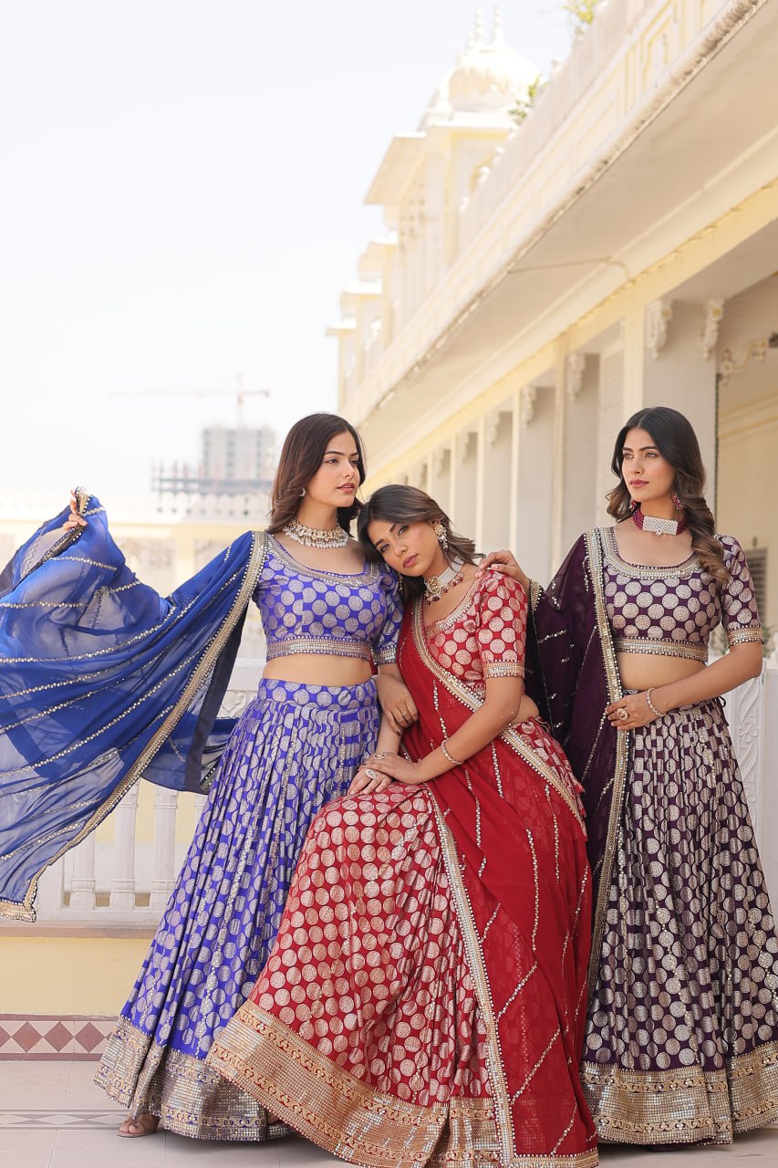 Designer Dyeable Viscose Jacquard Lehenga Choli with Sequins Embroidery