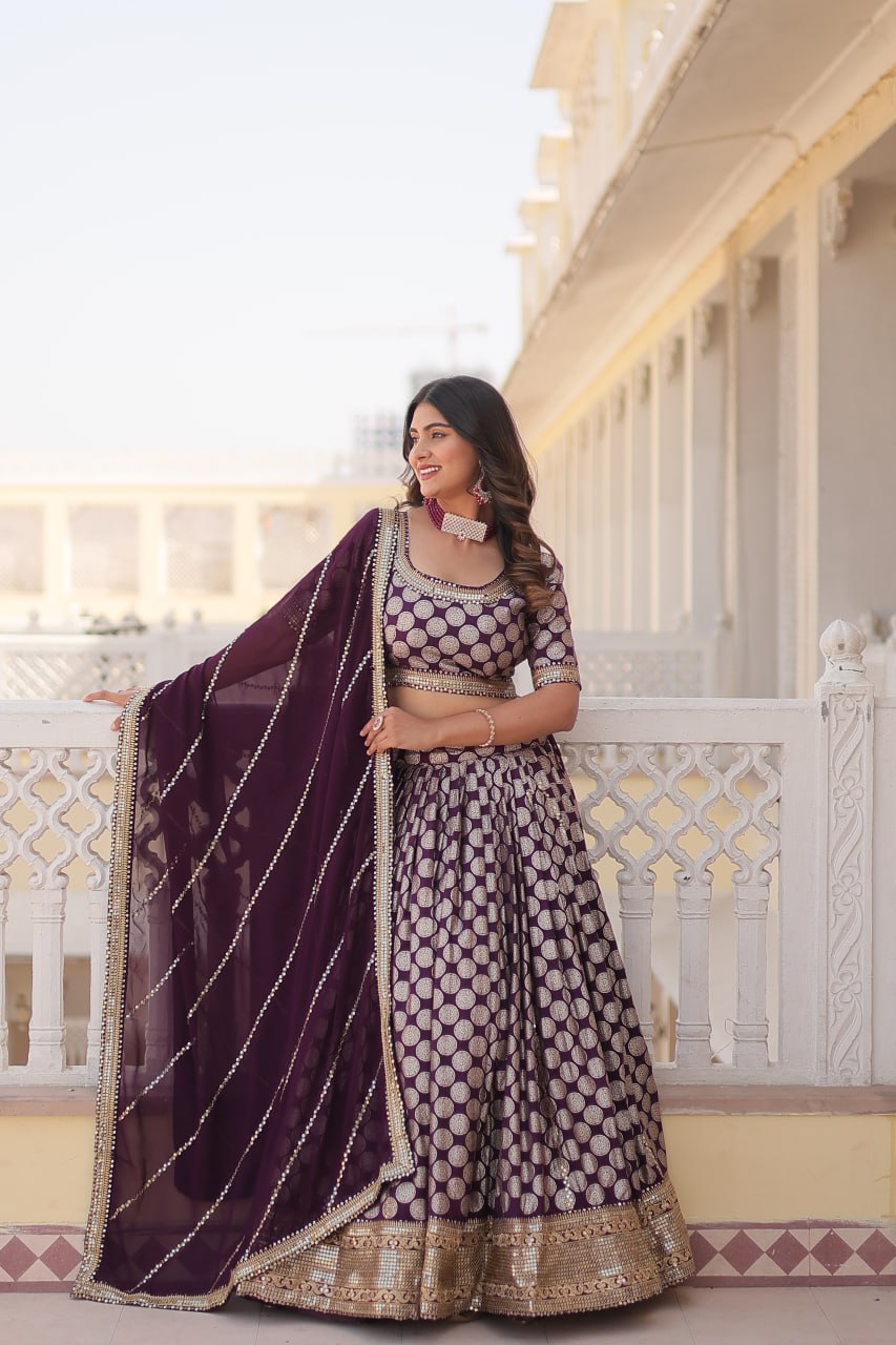 Designer Dyeable Viscose Jacquard Lehenga Choli with Sequins Embroidery