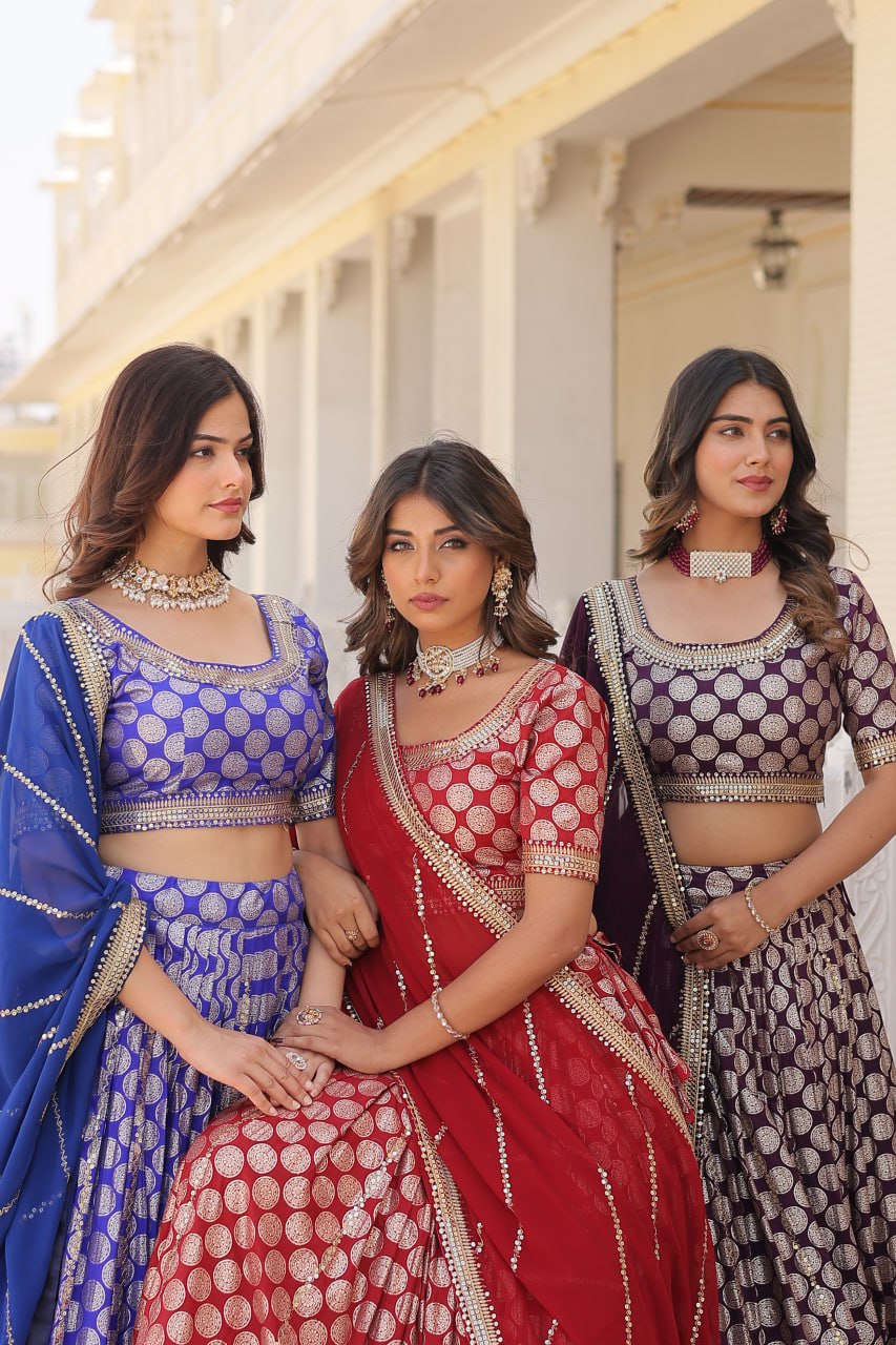 Designer Dyeable Viscose Jacquard Lehenga Choli with Sequins Embroidery