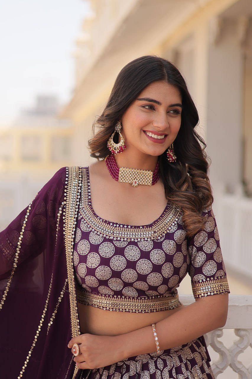 Designer Dyeable Viscose Jacquard Lehenga Choli with Sequins Embroidery