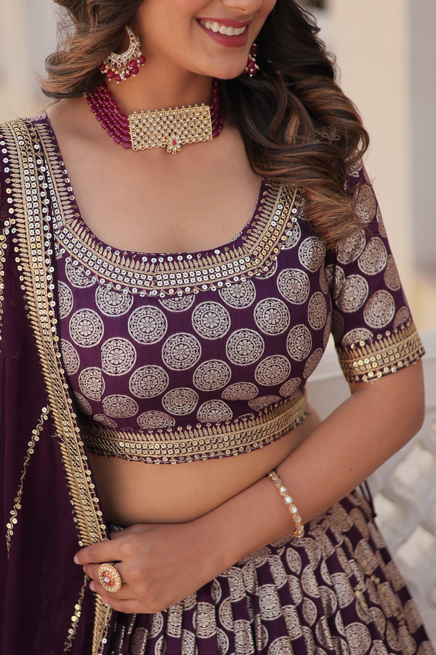 Designer Dyeable Viscose Jacquard Lehenga Choli with Sequins Embroidery
