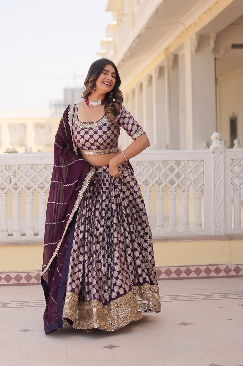 Designer Dyeable Viscose Jacquard Lehenga Choli with Sequins Embroidery