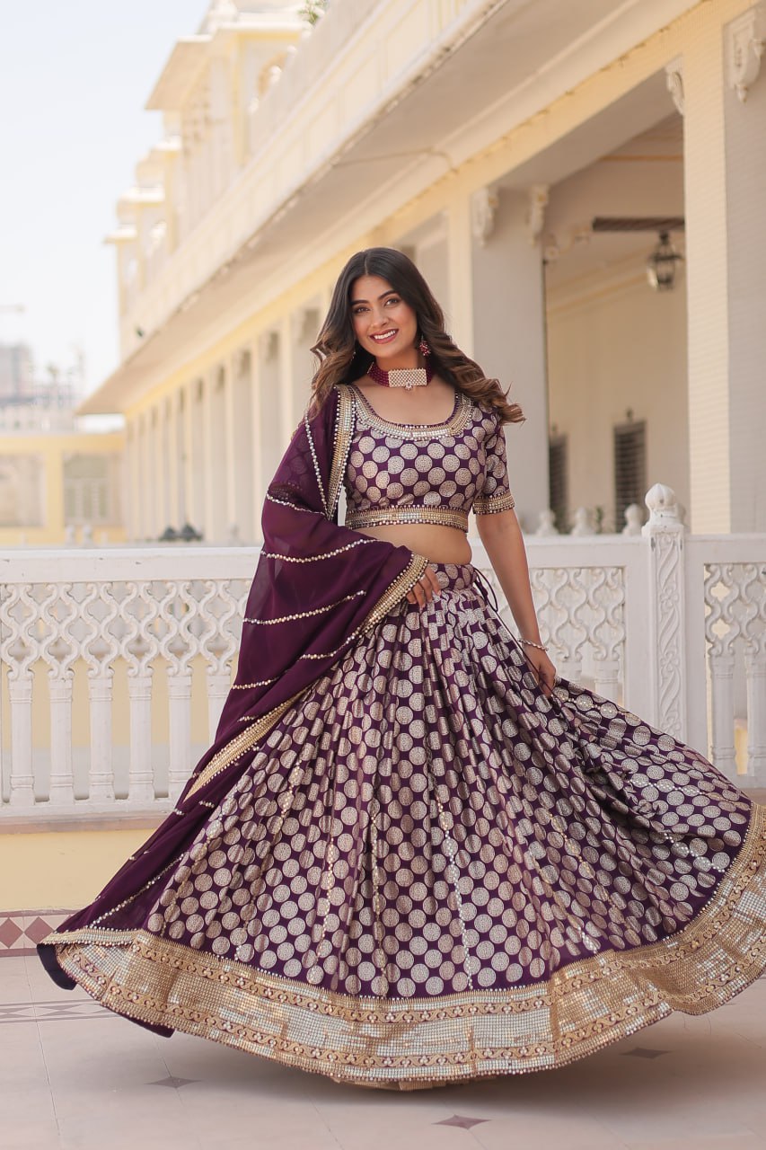 Designer Dyeable Viscose Jacquard Lehenga Choli with Sequins Embroidery