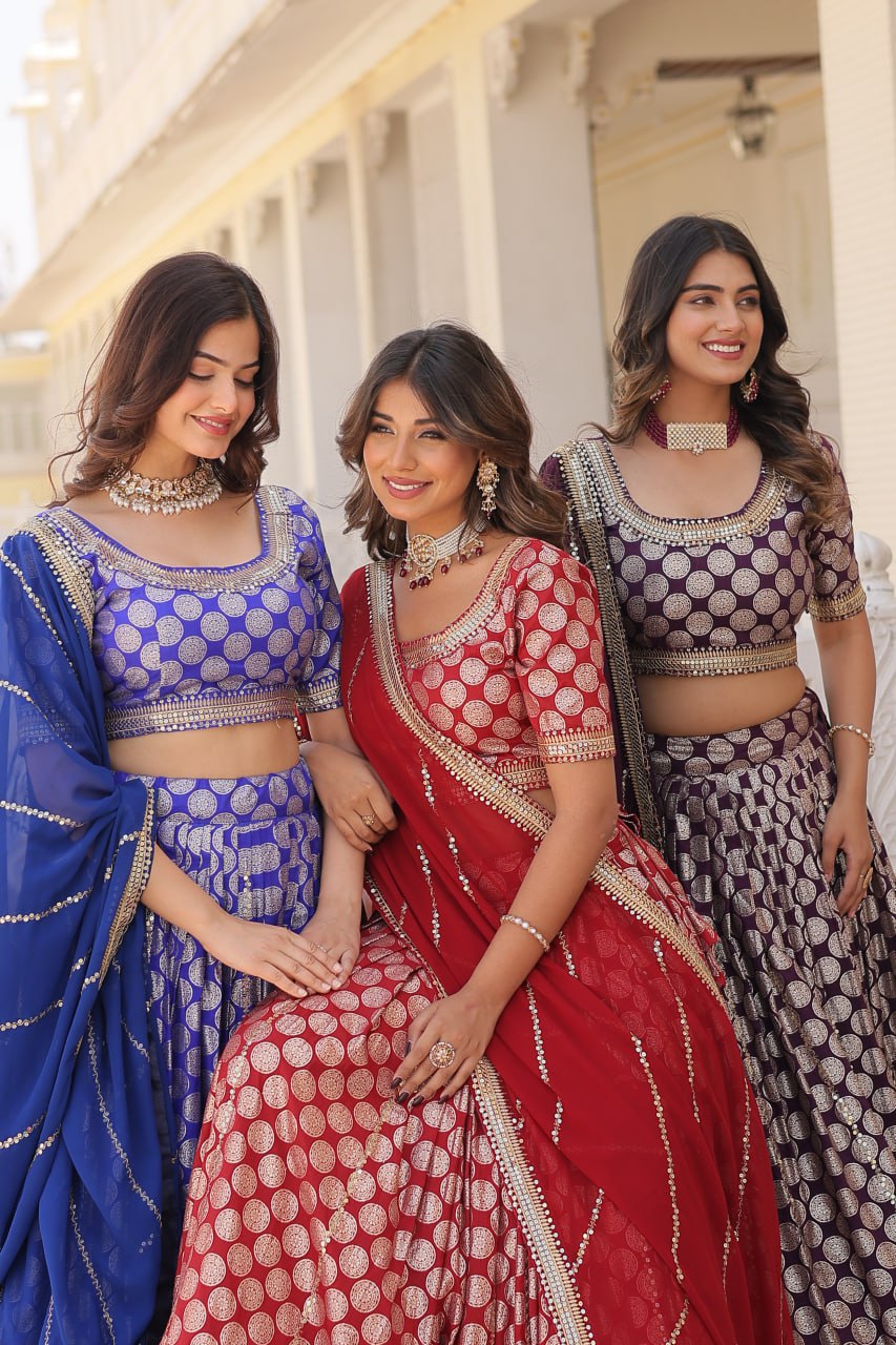 Designer Dyeable Viscose Jacquard Lehenga Choli with Sequins Embroidery