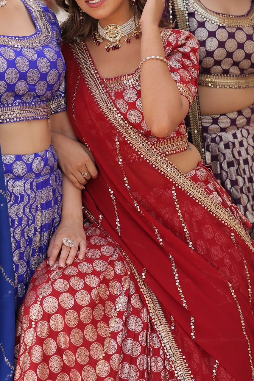 Designer Dyeable Viscose Jacquard Lehenga Choli with Sequins Embroidery