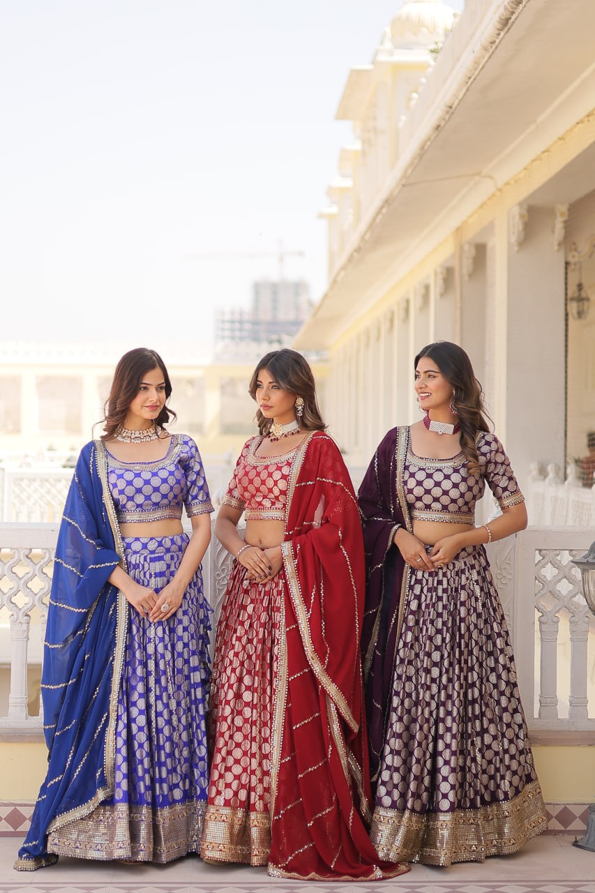 Designer Dyeable Viscose Jacquard Lehenga Choli with Sequins Embroidery