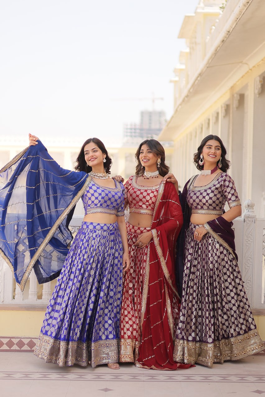 Designer Dyeable Viscose Jacquard Lehenga Choli with Sequins Embroidery
