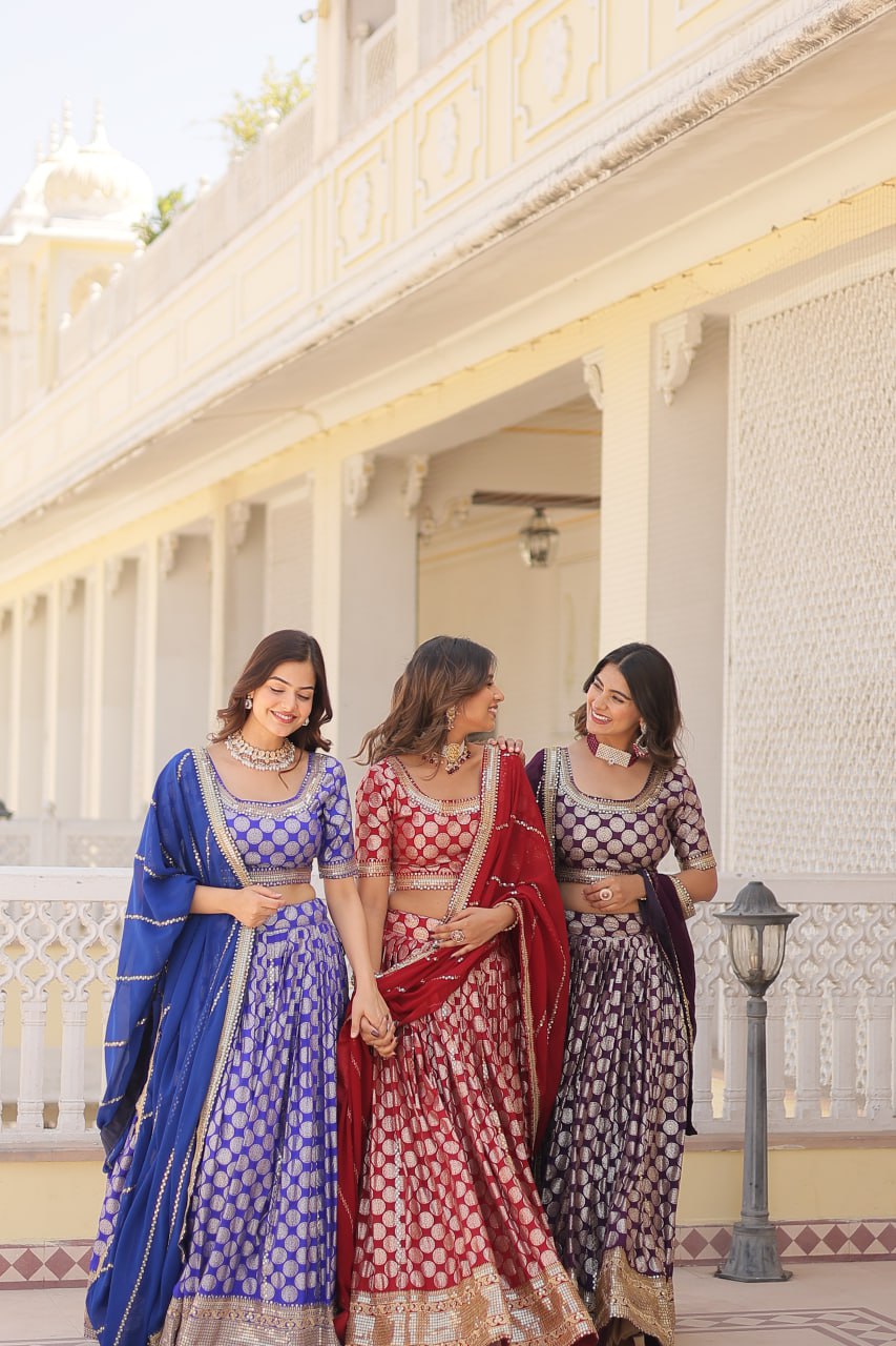 Designer Dyeable Viscose Jacquard Lehenga Choli with Sequins Embroidery