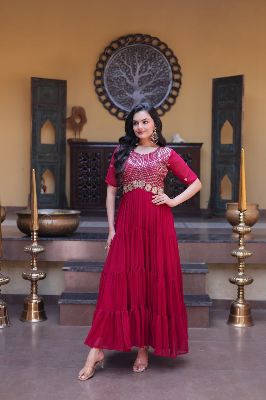 Designer Embroidered Zari Sequins Work Gown
