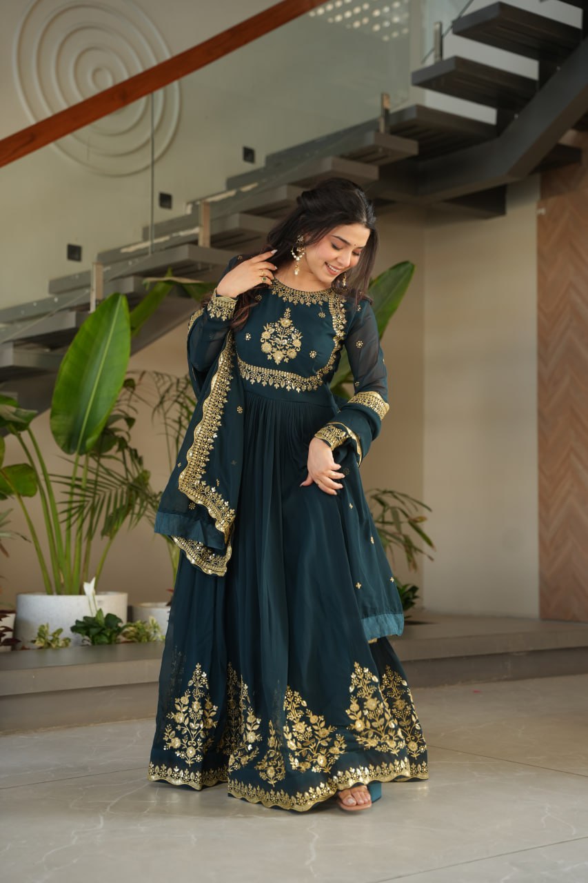 Designer Faux Blooming Georgette Gown with Dupatta