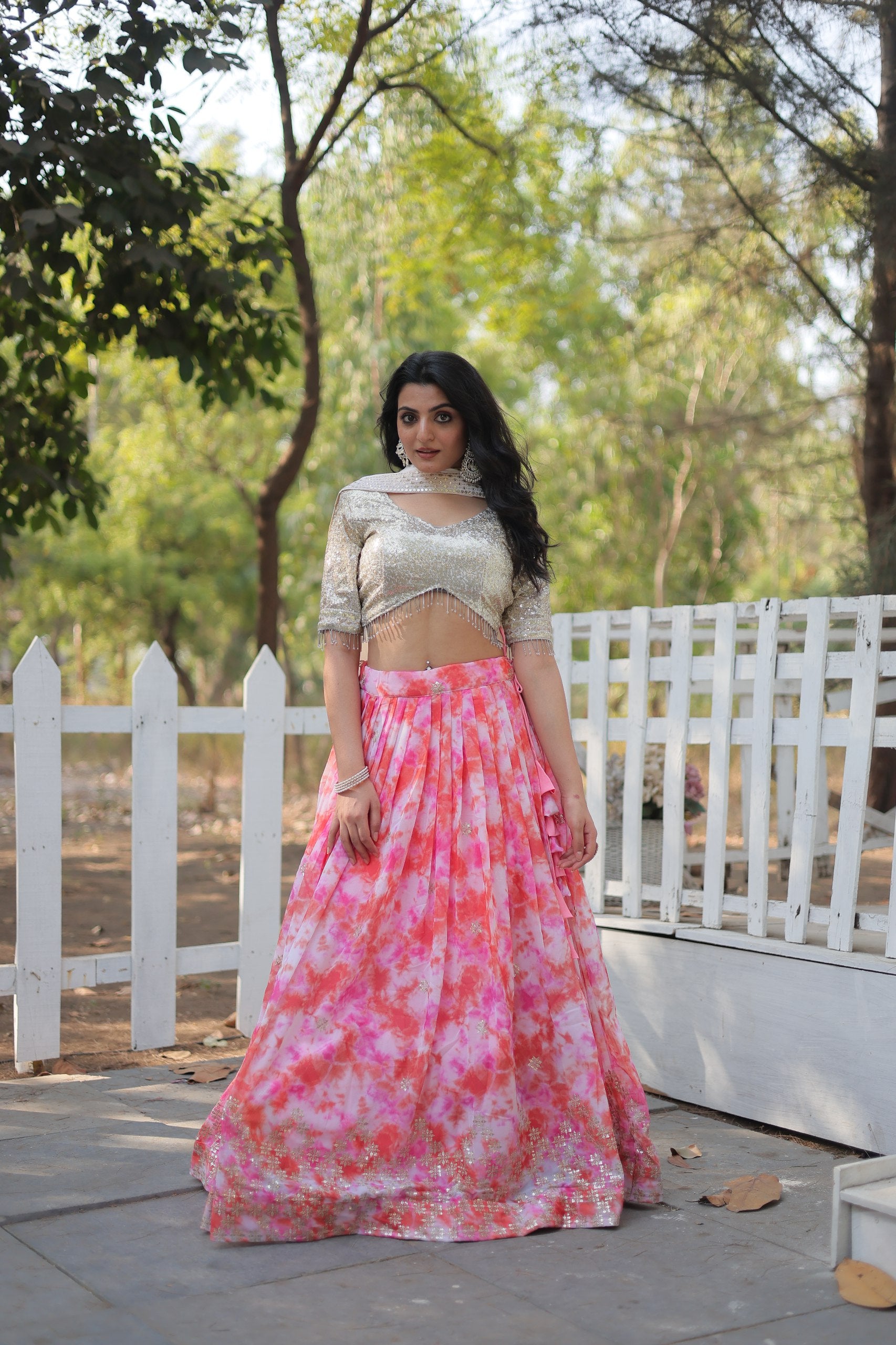 Digital Printed Faux Georgette Lehenga Choli with Sequins & Thread Embroidery