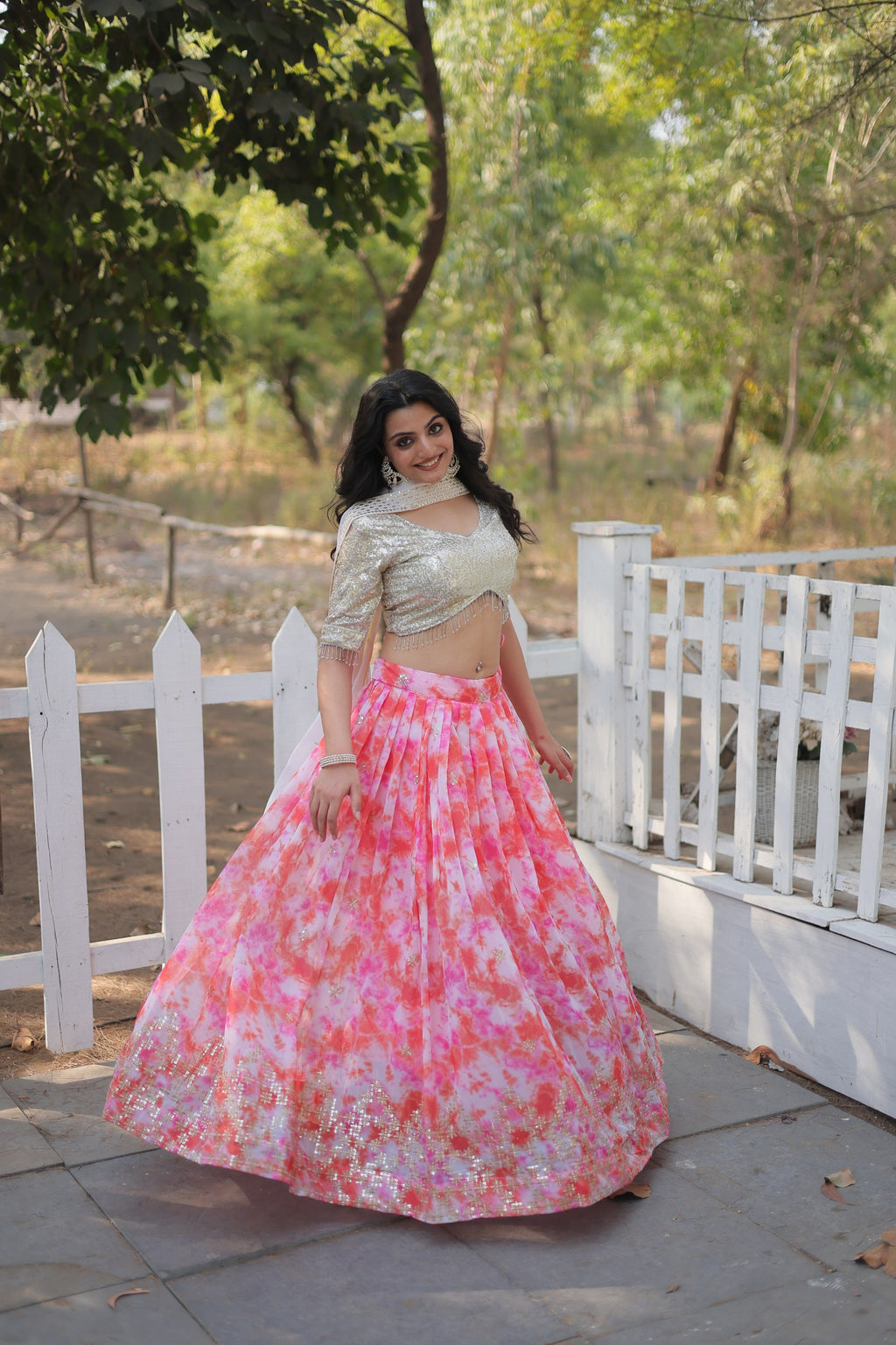 Digital Printed Faux Georgette Lehenga Choli with Sequins & Thread Embroidery