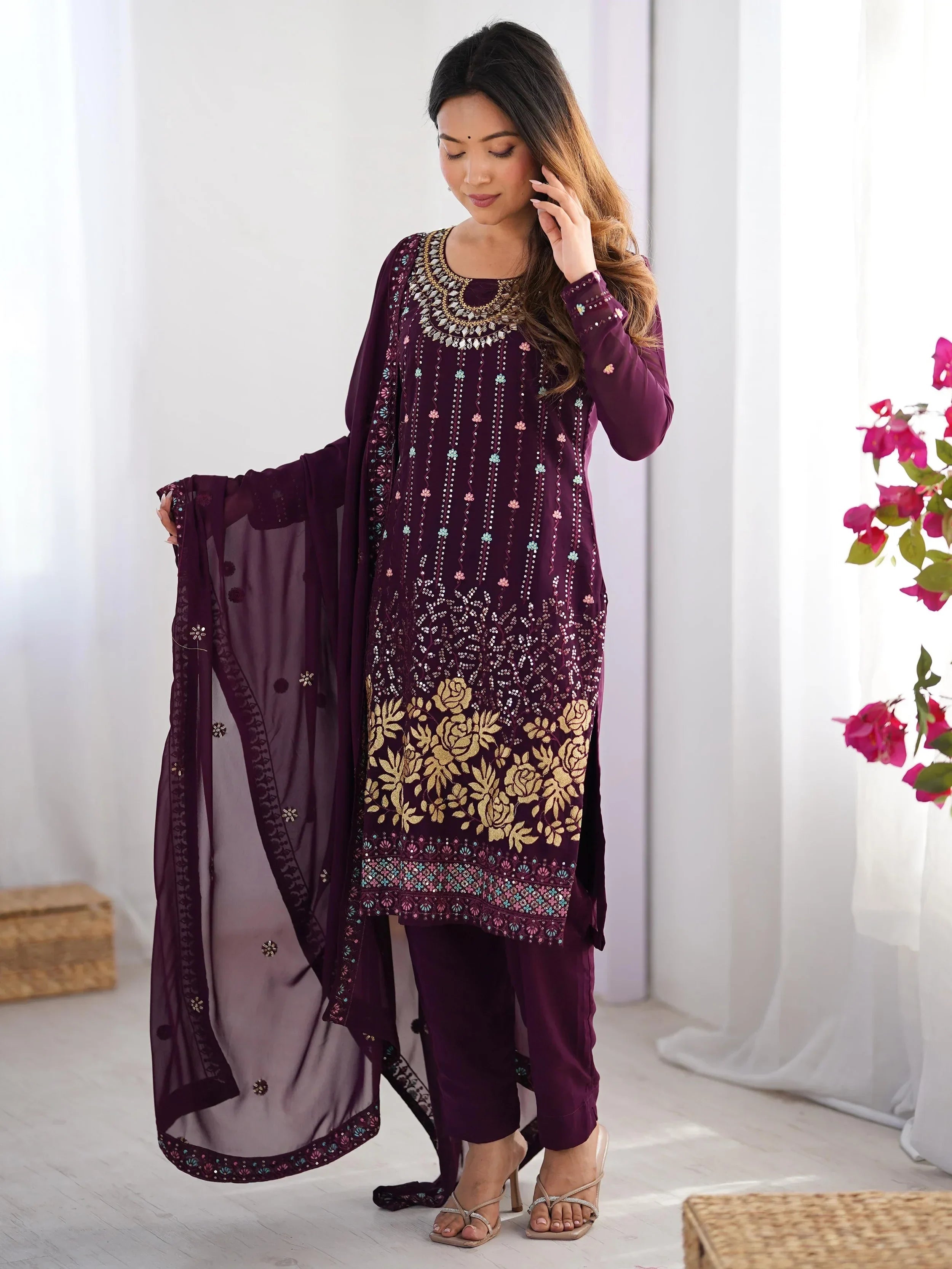 Wine Dramatic Georgette Sequins Event Wear Straight Suit