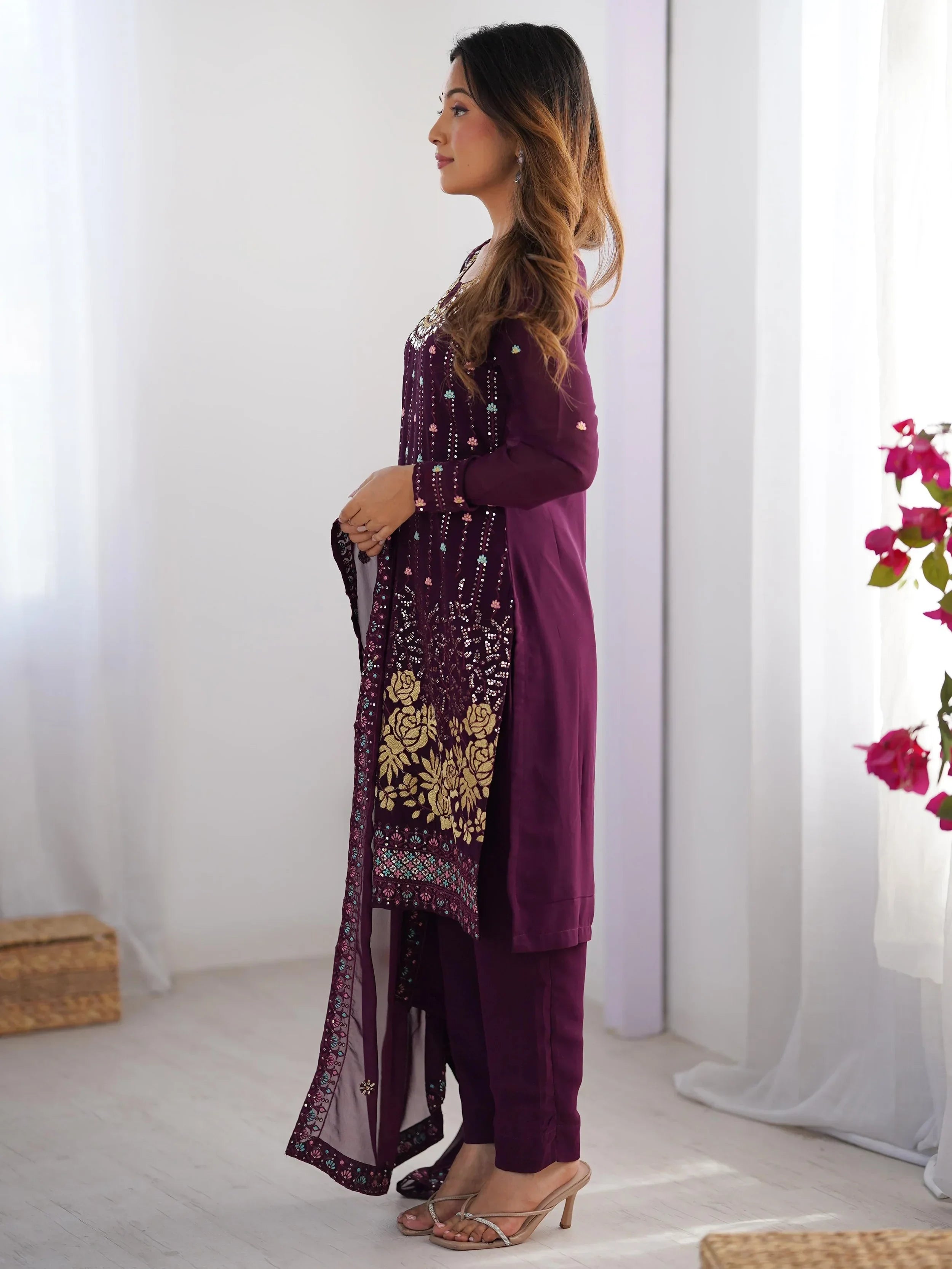 Wine Dramatic Georgette Sequins Event Wear Straight Suit