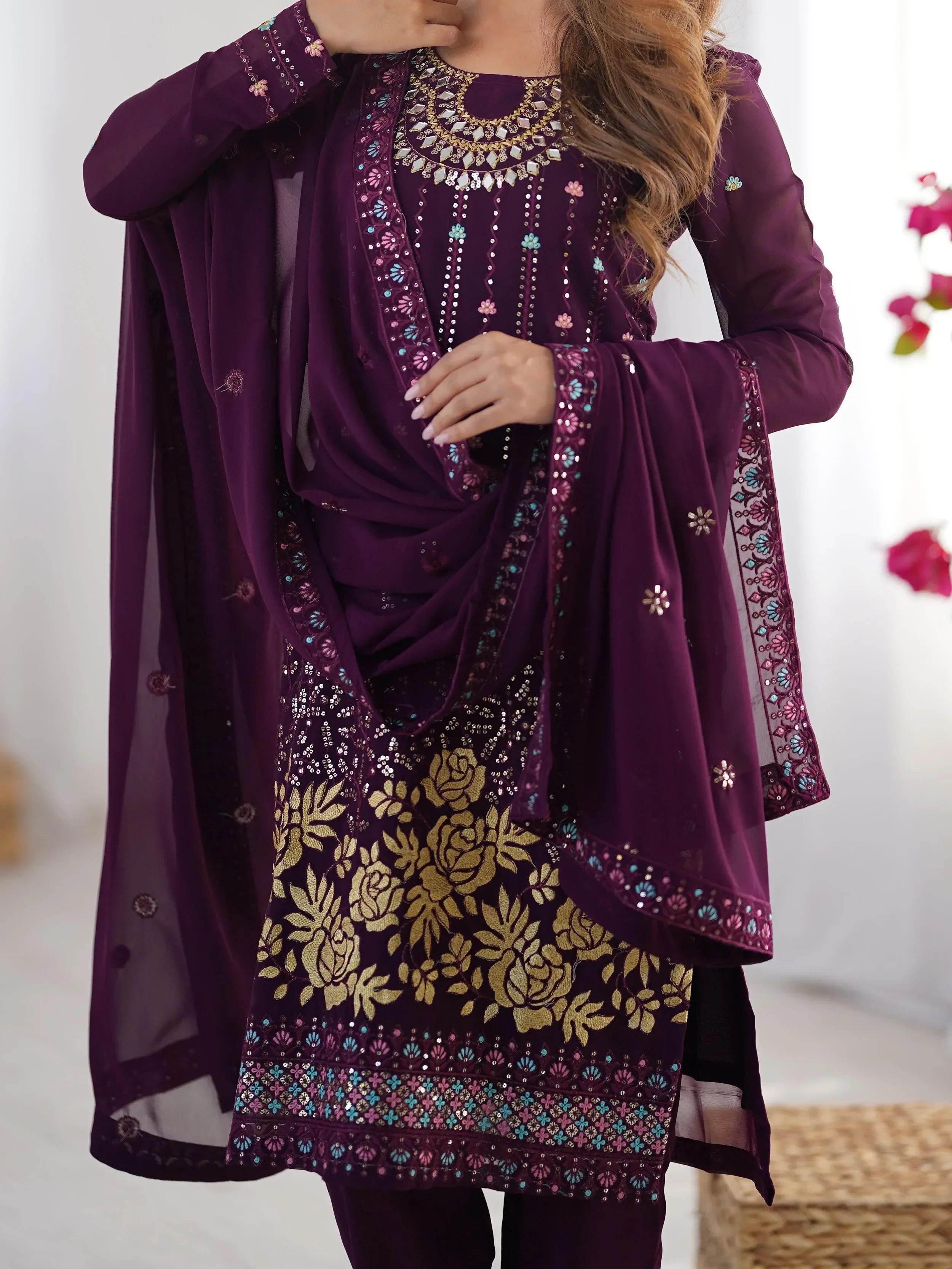 Wine Dramatic Georgette Sequins Event Wear Straight Suit