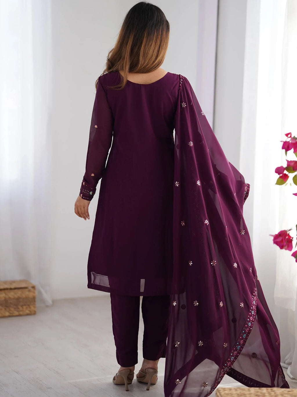 Wine Dramatic Georgette Sequins Event Wear Straight Suit