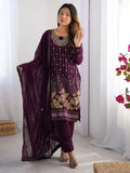 Wine Dramatic Georgette Sequins Event Wear Straight Suit