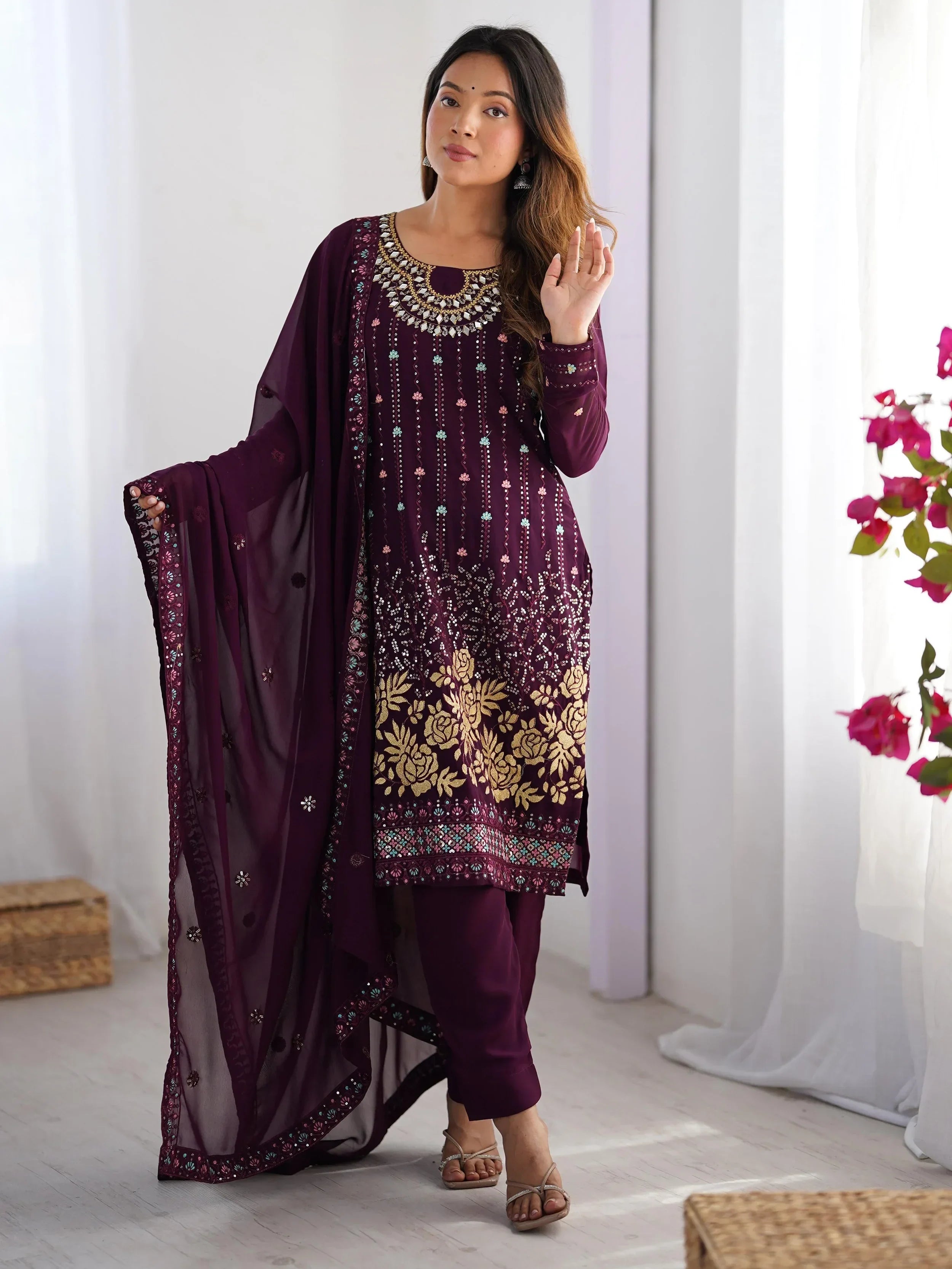 Wine Dramatic Georgette Sequins Event Wear Straight Suit