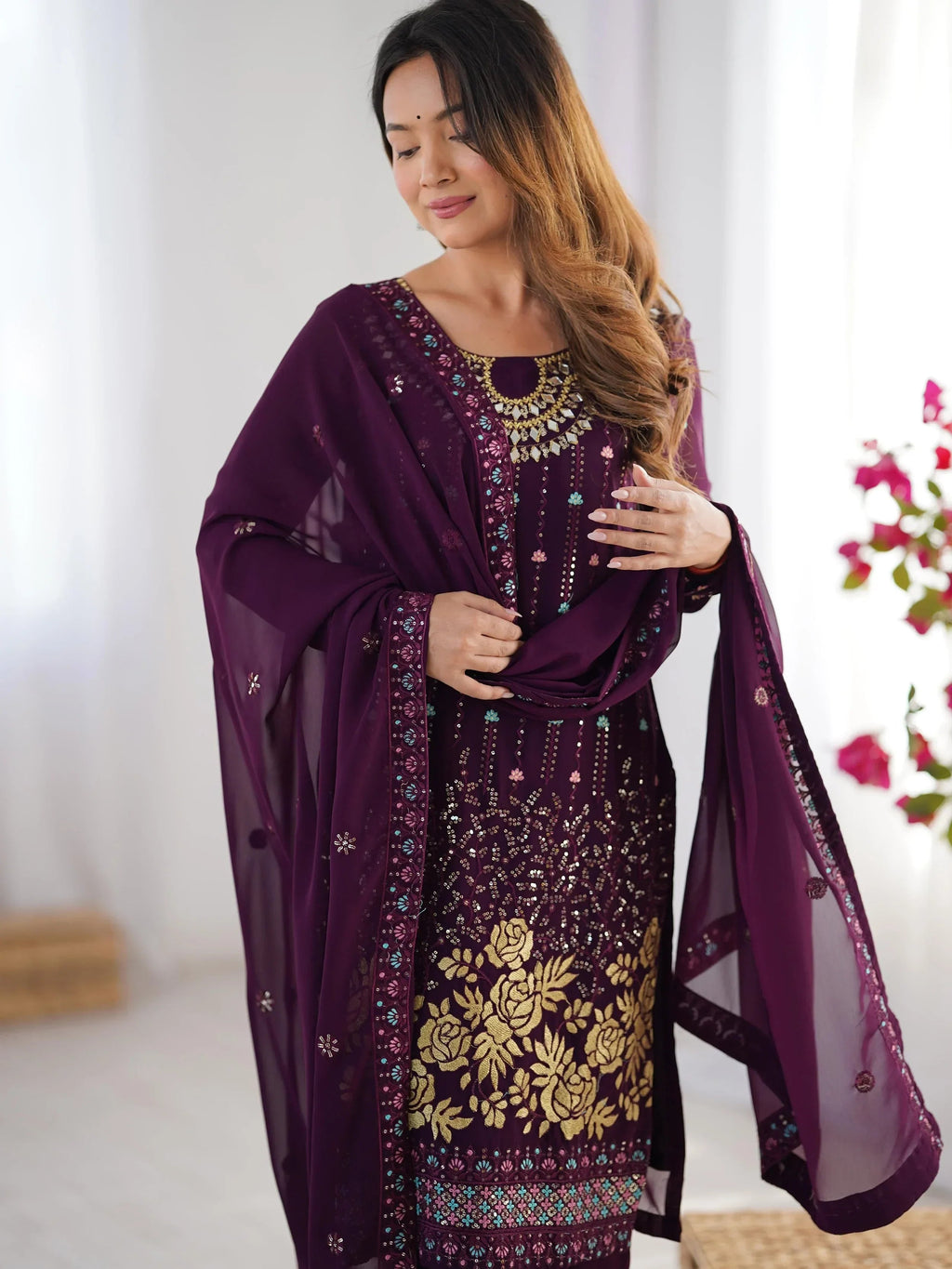 Wine Dramatic Georgette Sequins Event Wear Straight Suit
