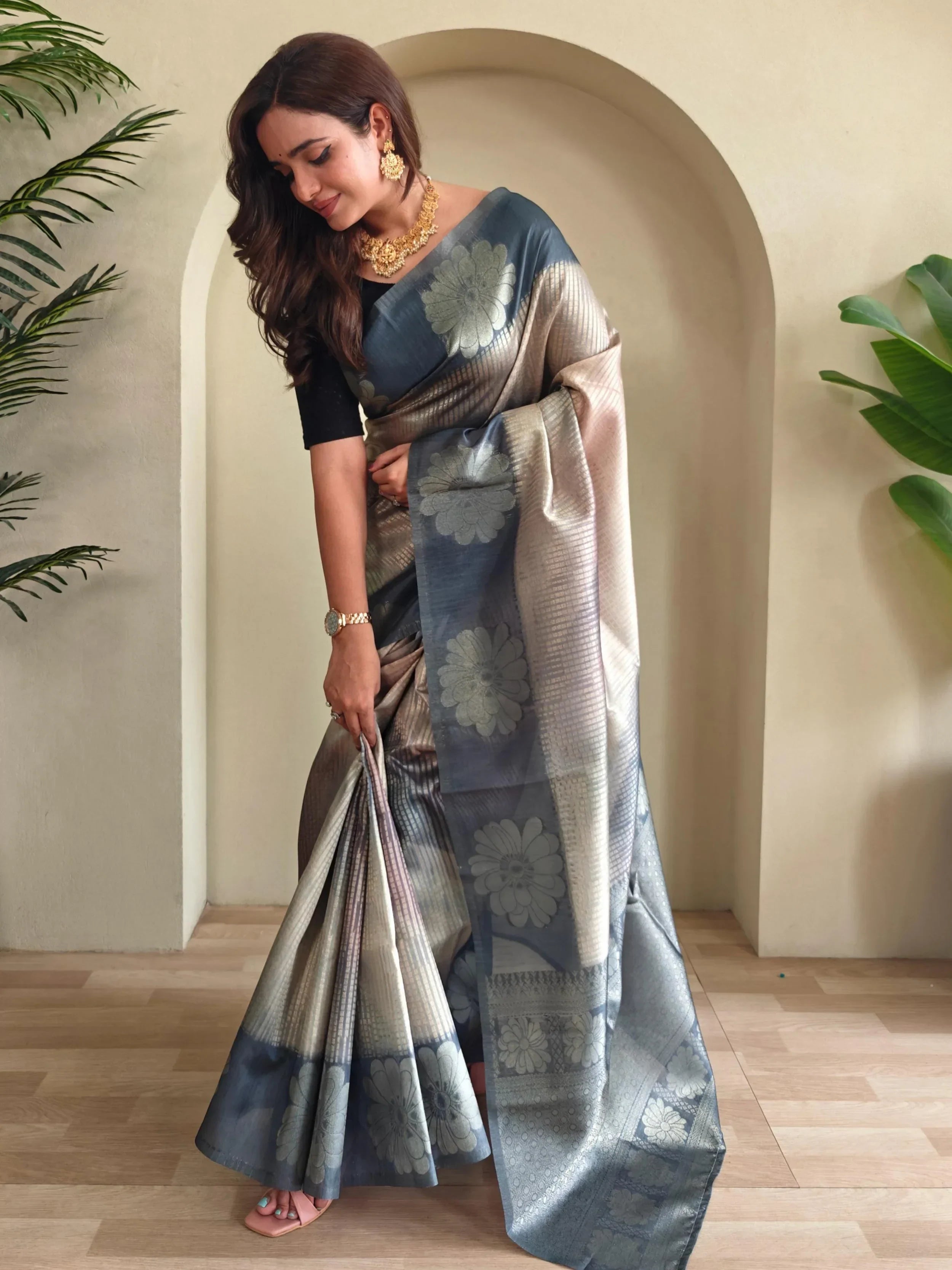 Dreamy Grey Silk Casual Wear Saree With Blouse