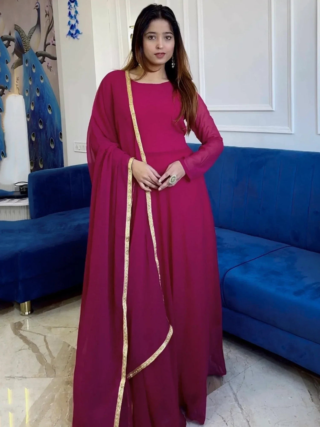 Dreamy Hot Pink Georgette Casual Wear Gown With Dupatta