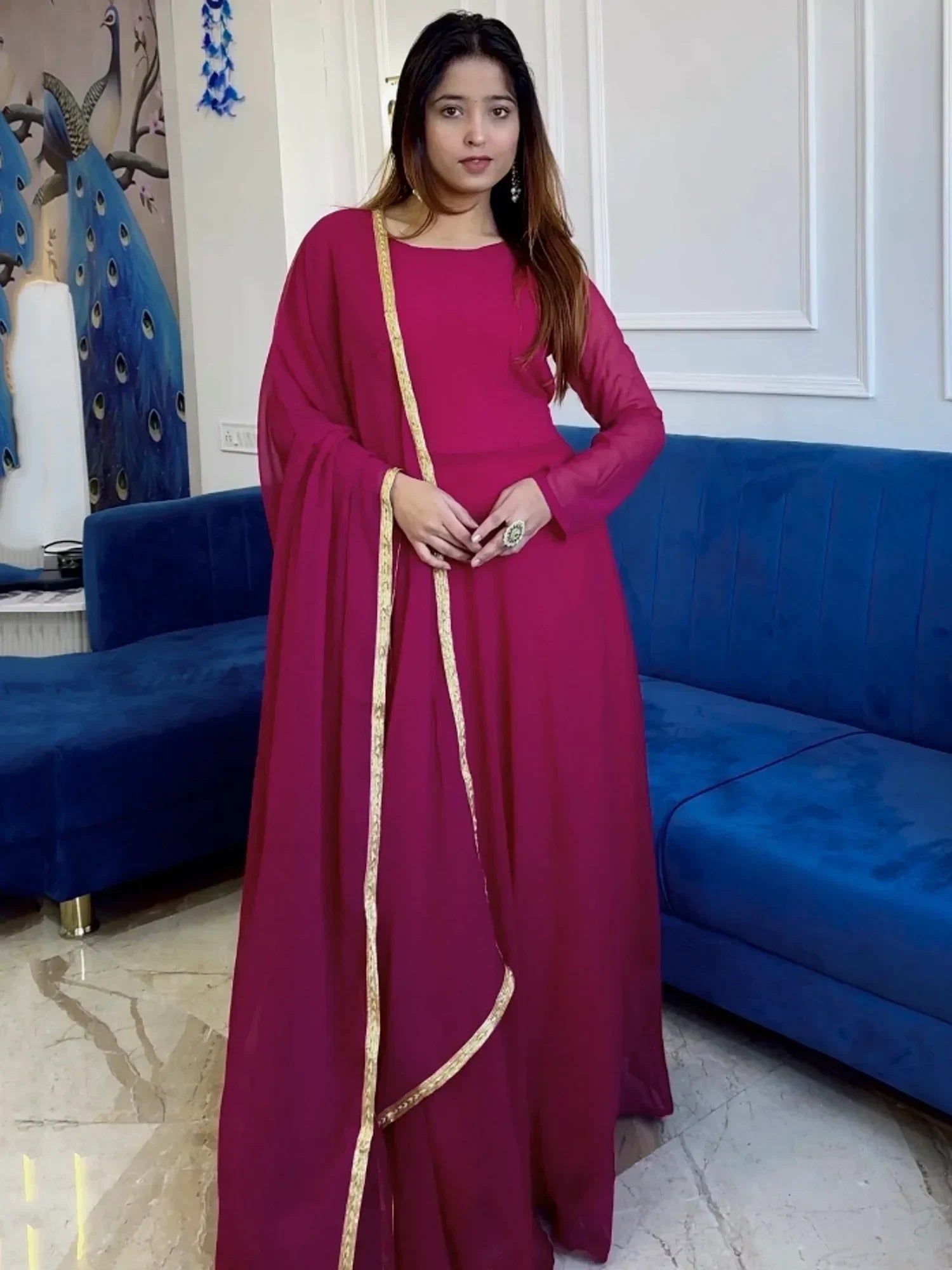 Dreamy Hot Pink Georgette Casual Wear Gown With Dupatta