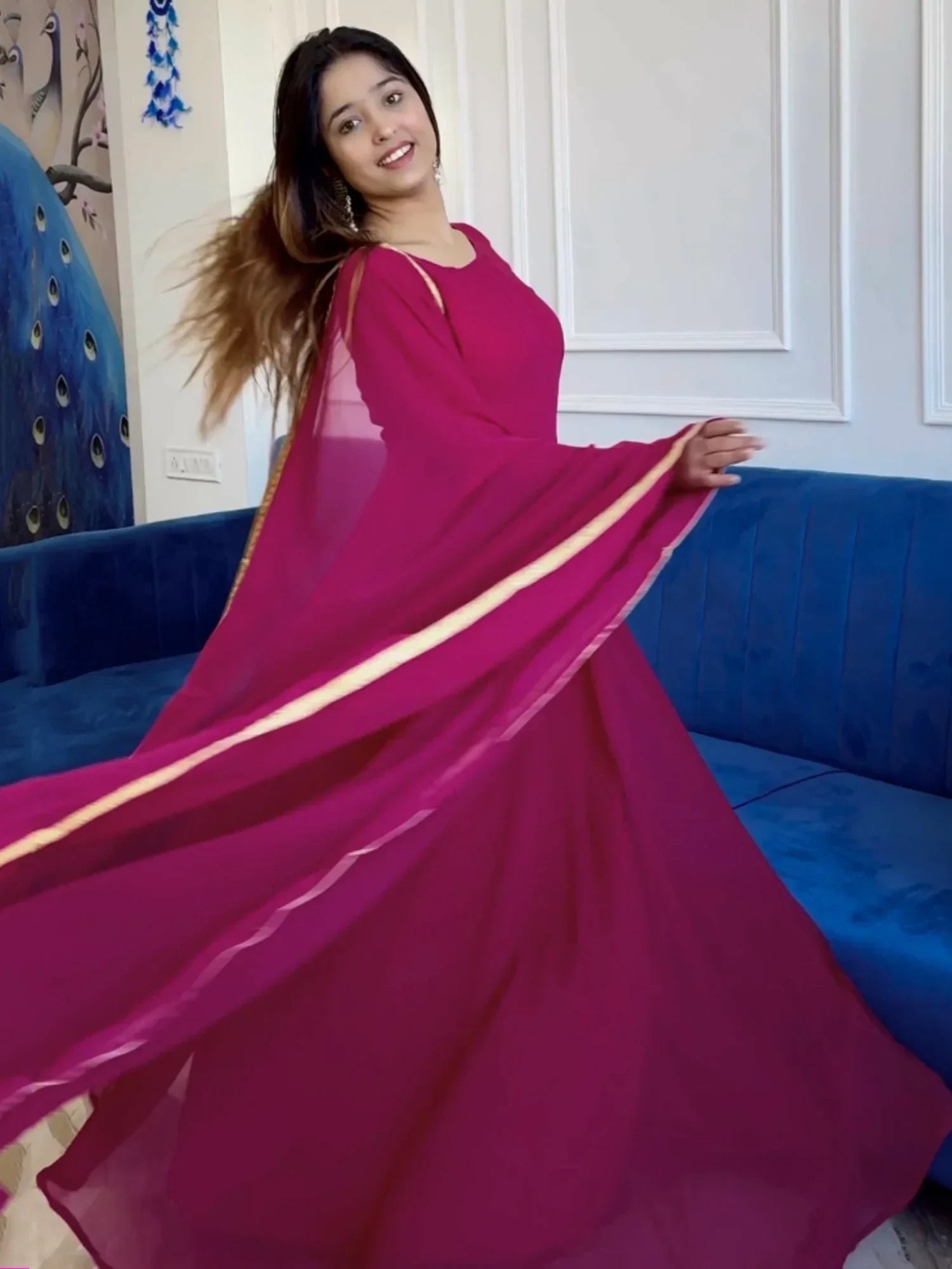 Dreamy Hot Pink Georgette Casual Wear Gown With Dupatta