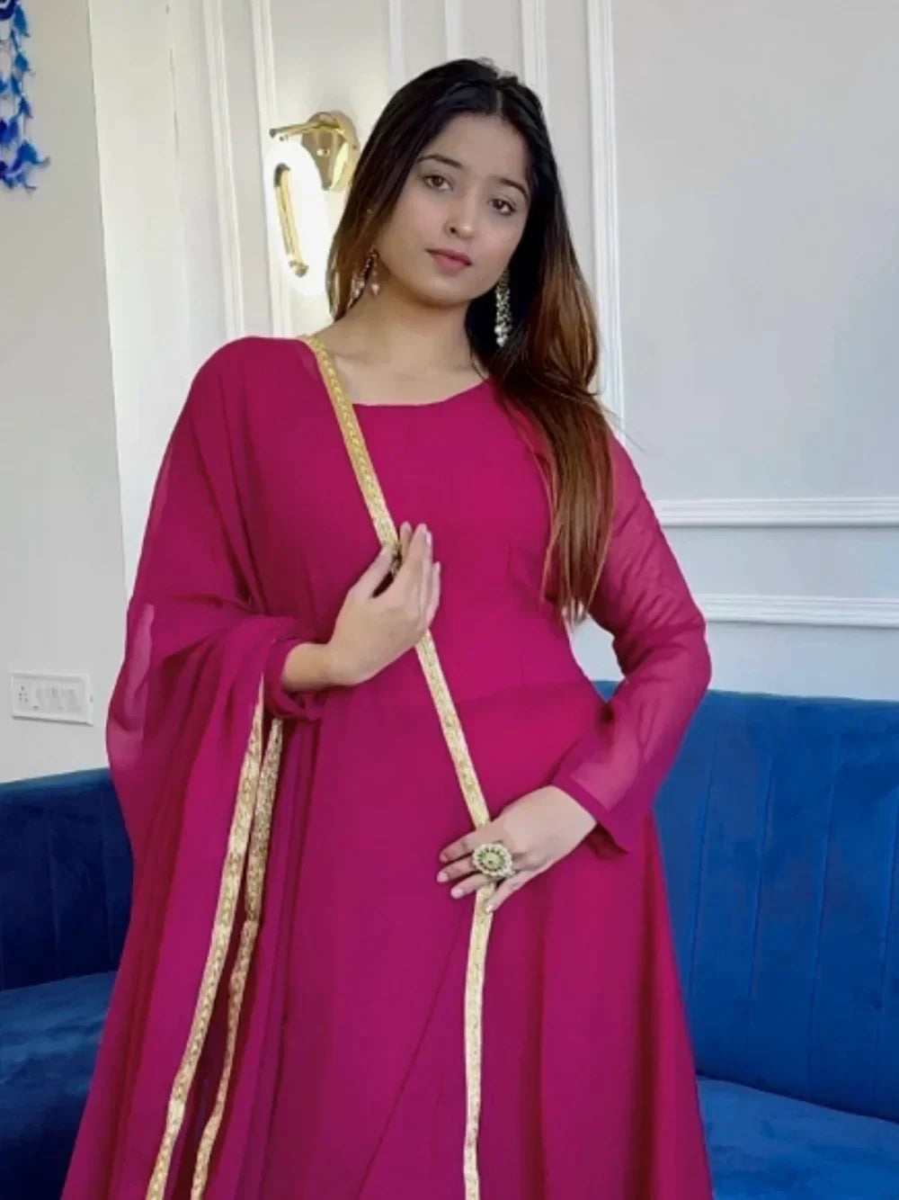 Dreamy Hot Pink Georgette Casual Wear Gown With Dupatta