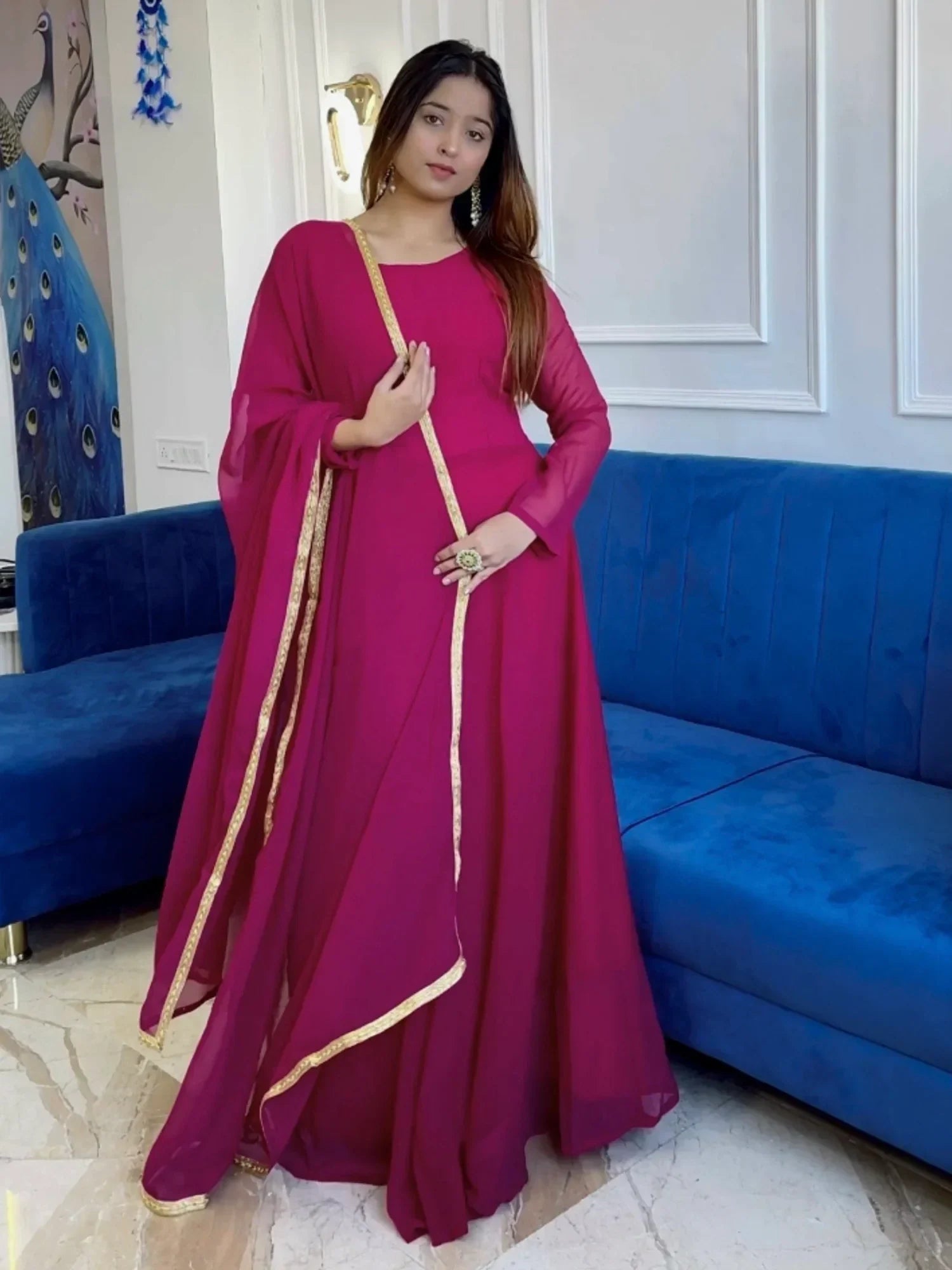 Dreamy Hot Pink Georgette Casual Wear Gown With Dupatta