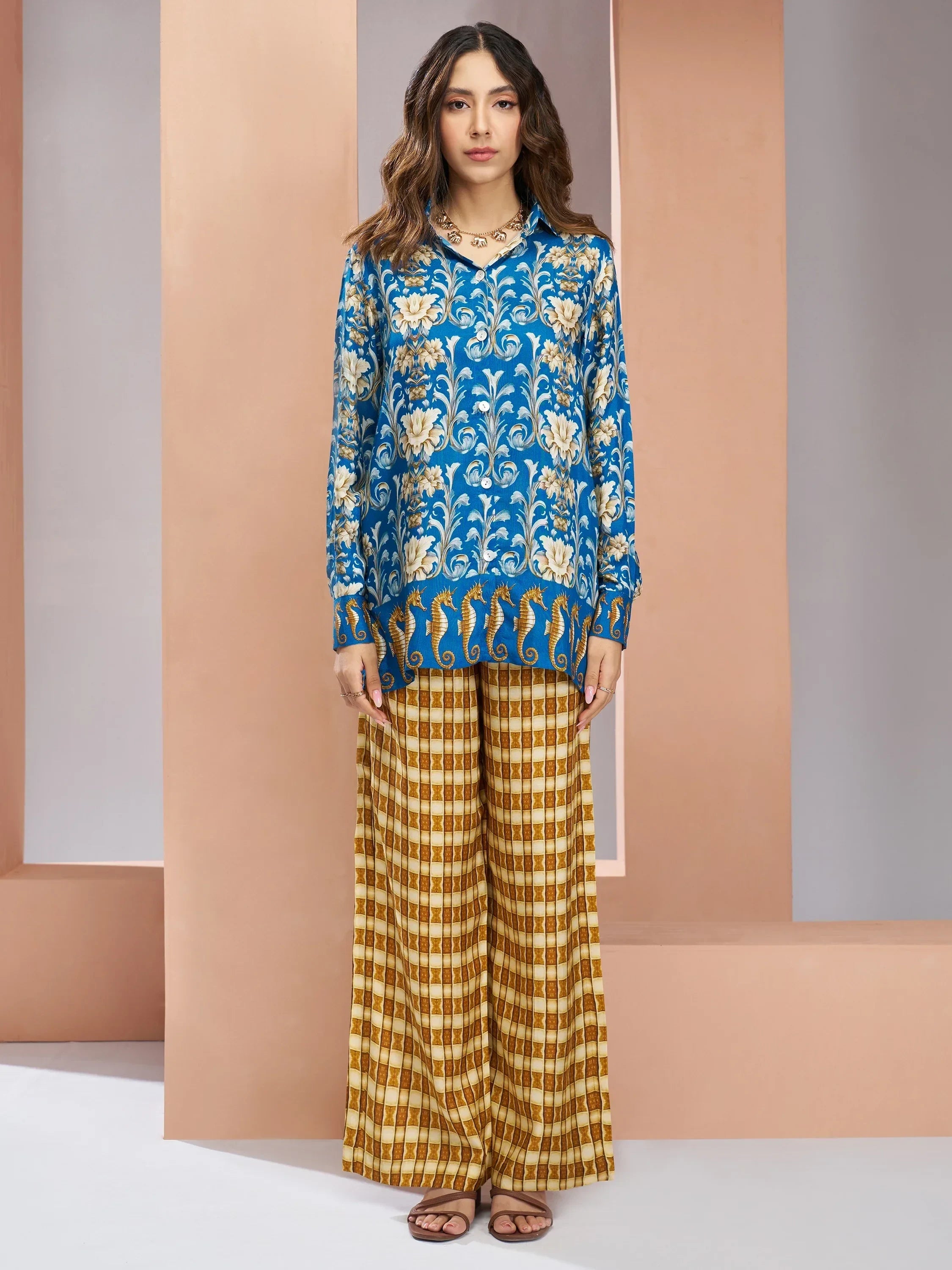Enchanting Royal Blue Floral Printed Silk Casual Wear Co-Ord Set