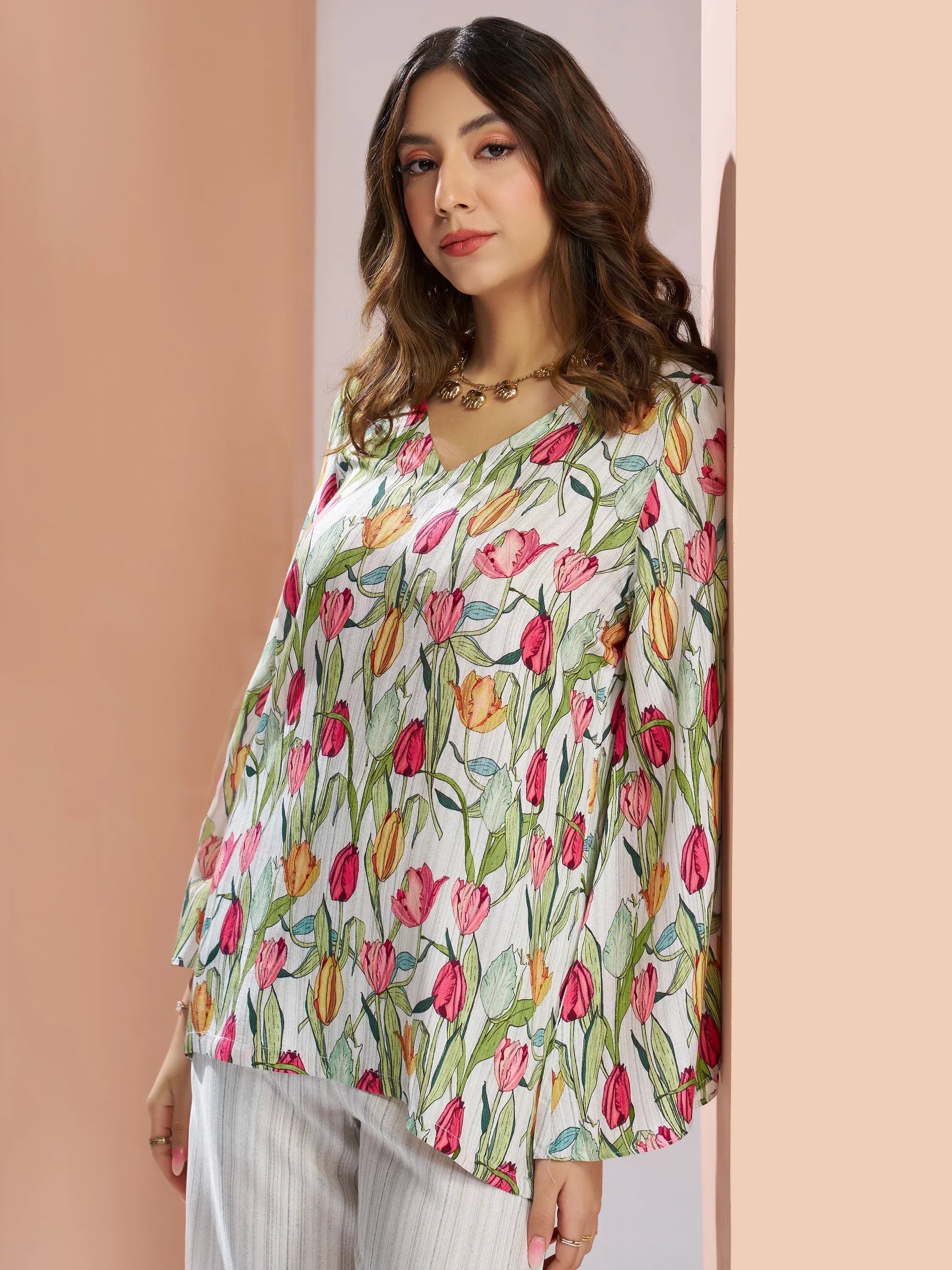 Captivating White Floral Printed Muslin Silk Office Wear Co-Ord Set