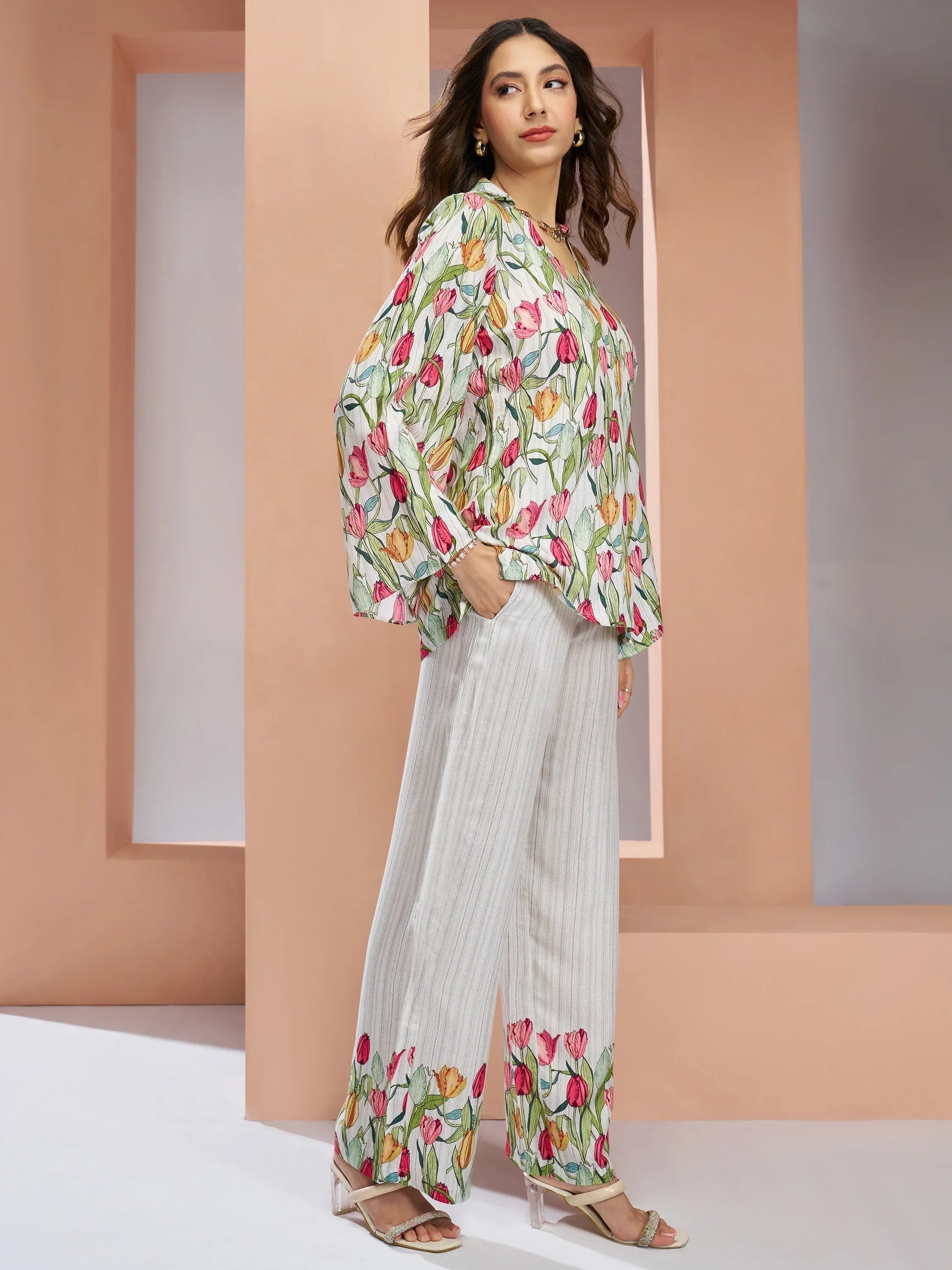 Captivating White Floral Printed Muslin Silk Office Wear Co-Ord Set