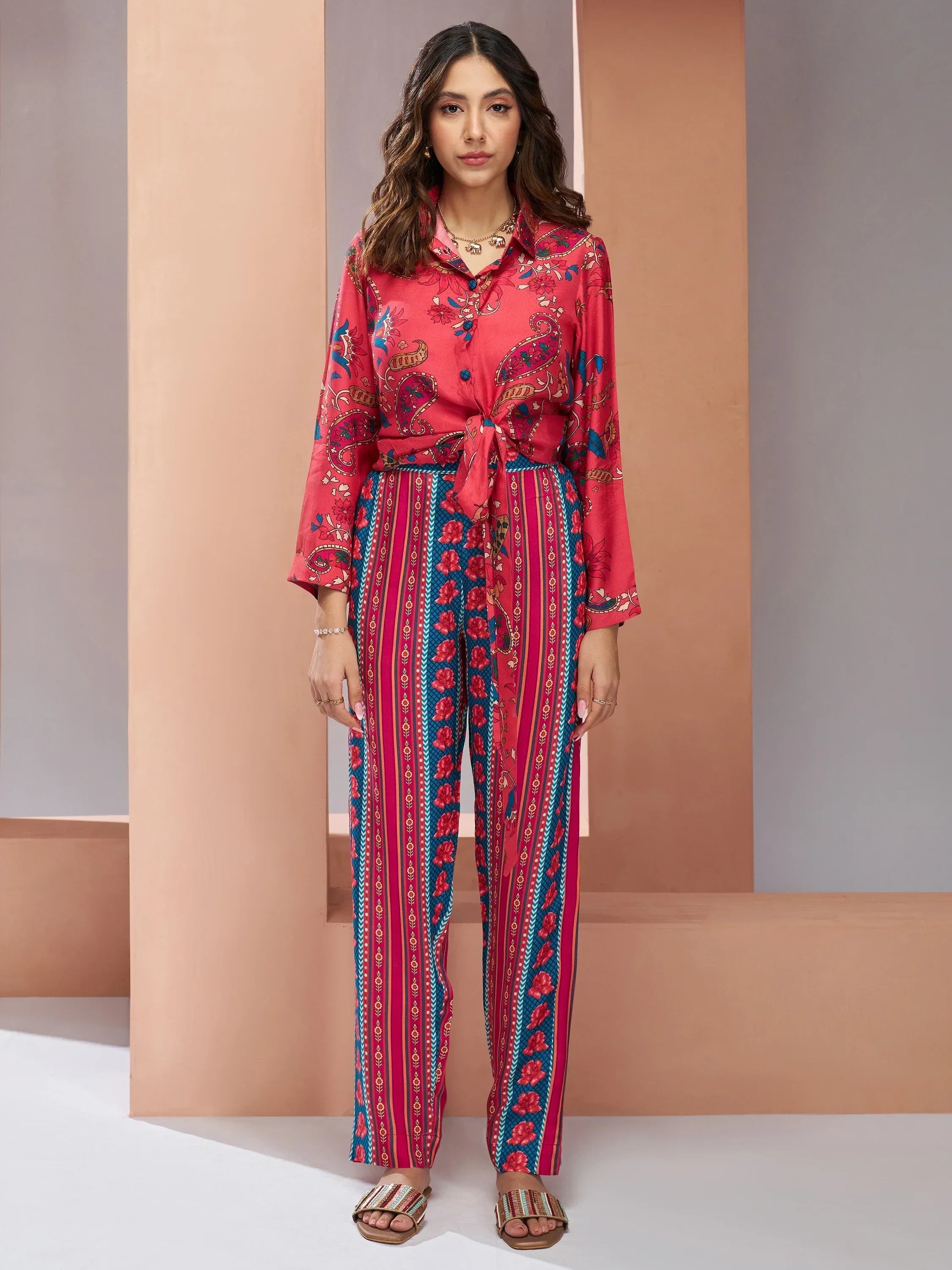 Glamorous Coral Pink Digital Printed Silk Office Wear Co-Ord Set