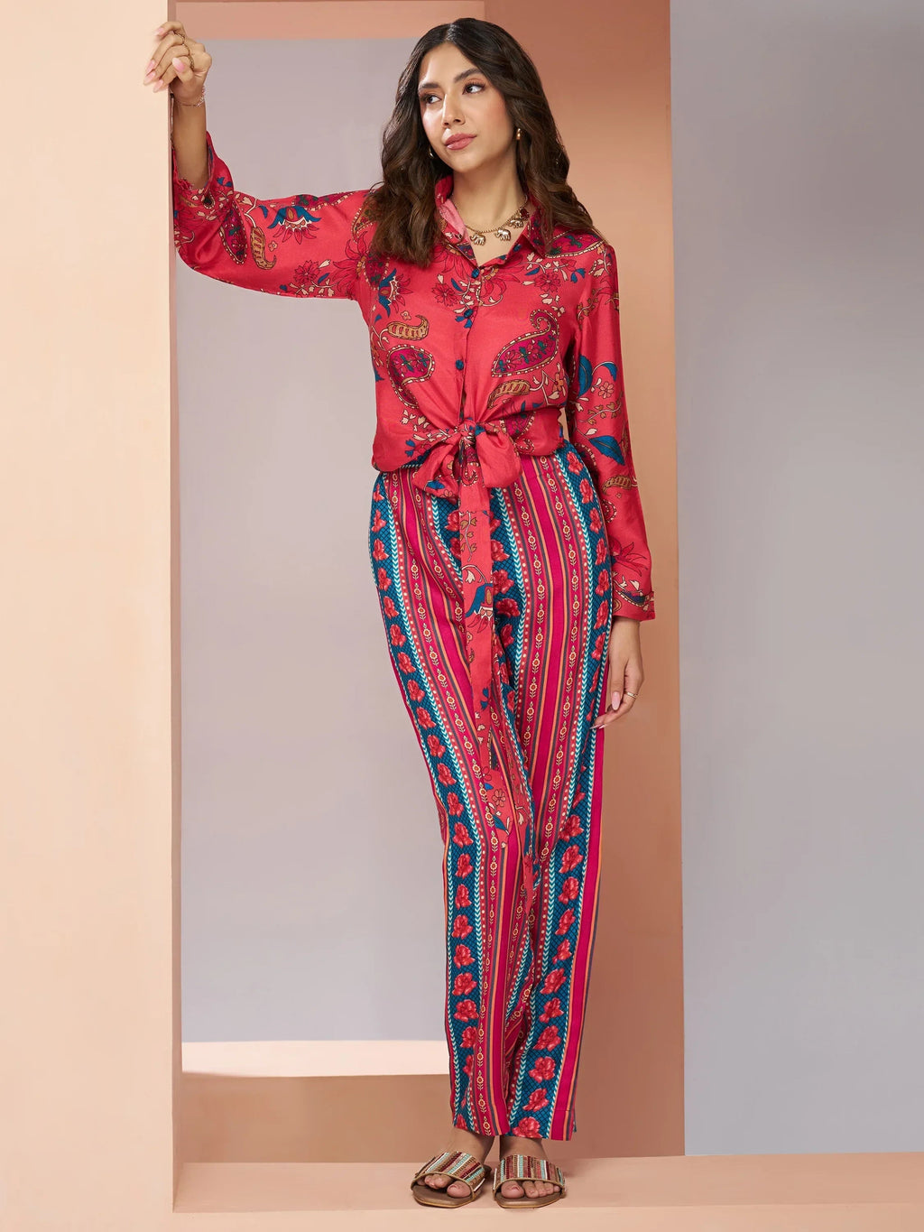 Glamorous Coral Pink Digital Printed Silk Office Wear Co-Ord Set