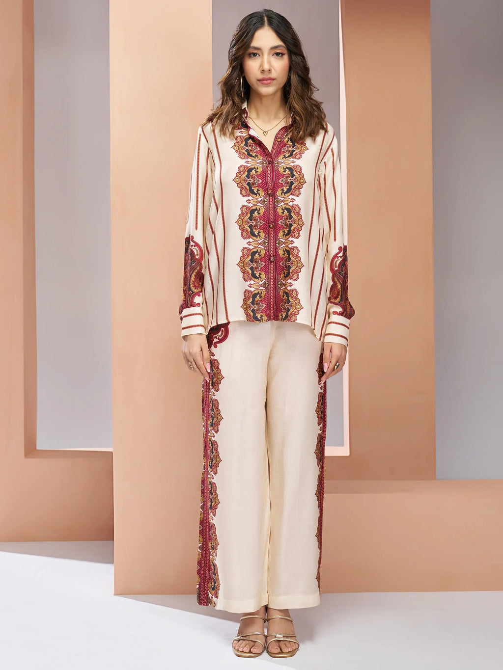Charming Cream Digital Printed Muslin Silk Casual Wear Co-Ord Set