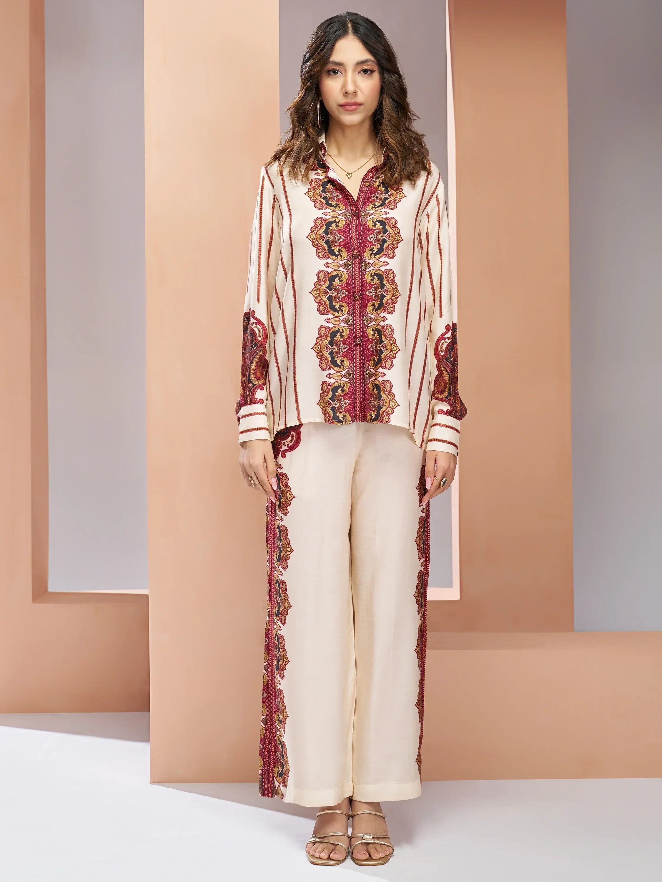Charming Cream Digital Printed Muslin Silk Casual Wear Co-Ord Set