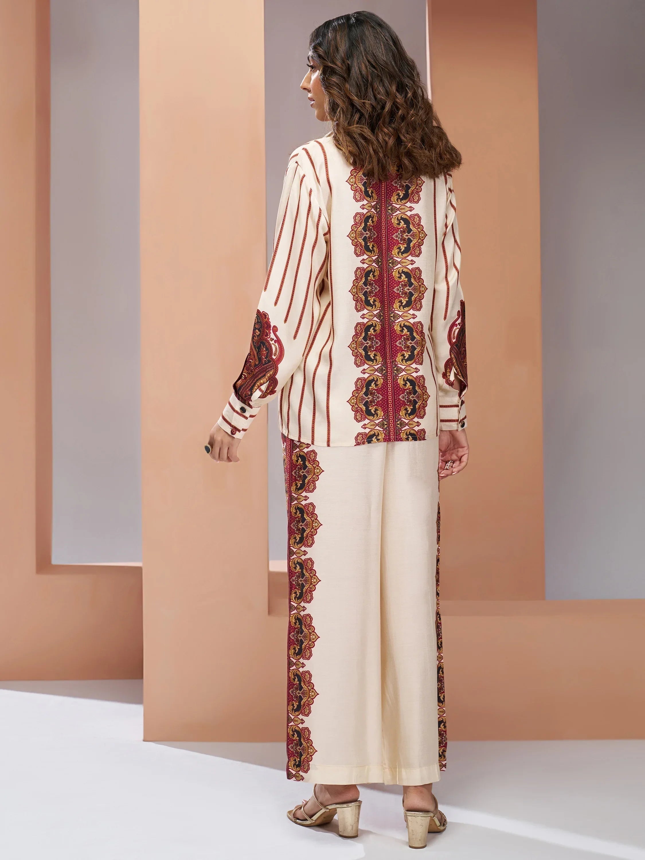 Charming Cream Digital Printed Muslin Silk Casual Wear Co-Ord Set