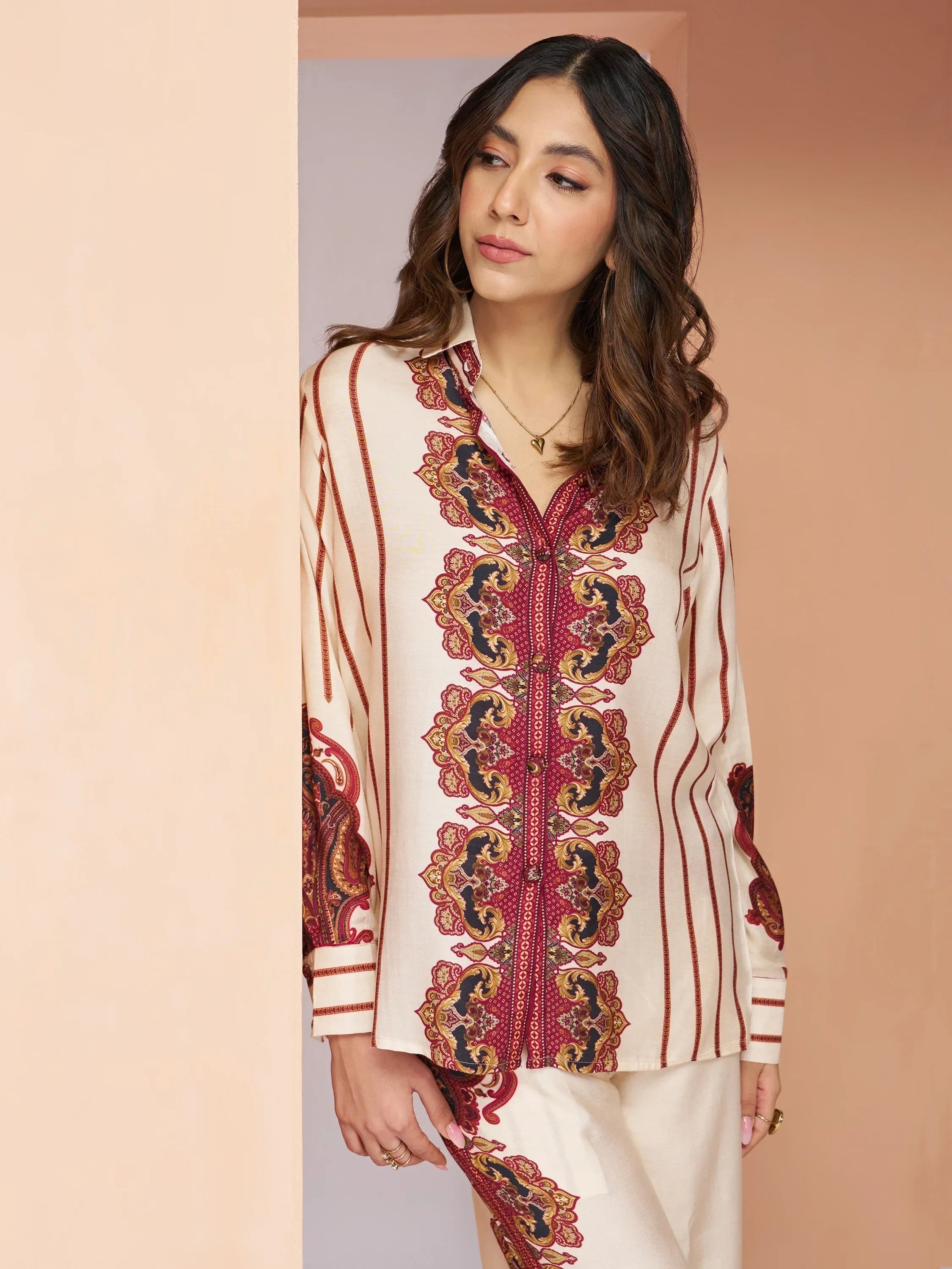 Charming Cream Digital Printed Muslin Silk Casual Wear Co-Ord Set