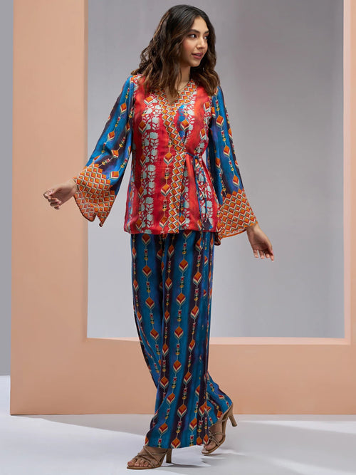 Beautiful Navy Blue Digital Printed Muslin Silk Party Wear Co-Ord Set