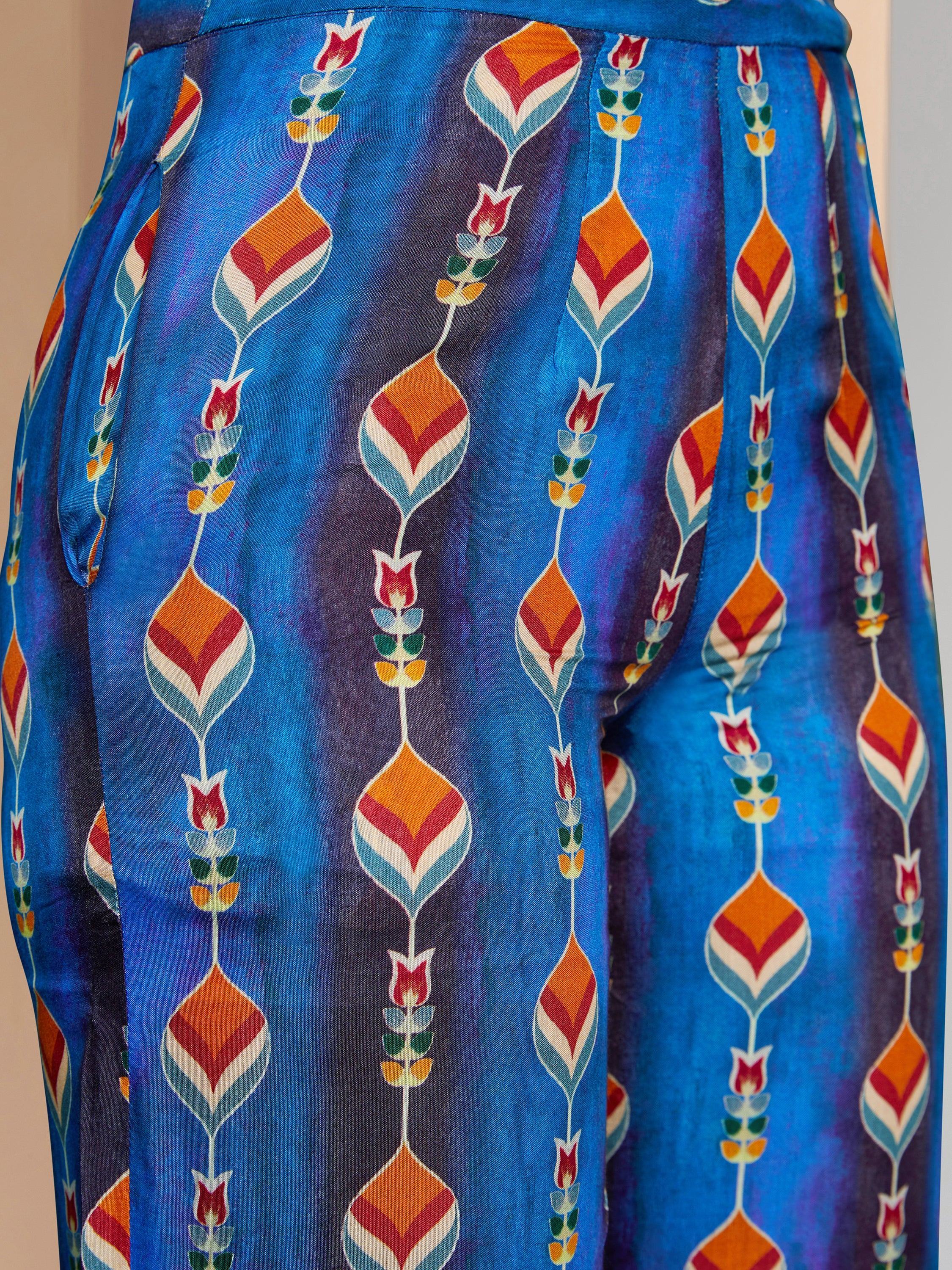 Beautiful Navy Blue Digital Printed Muslin Silk Party Wear Co-Ord Set