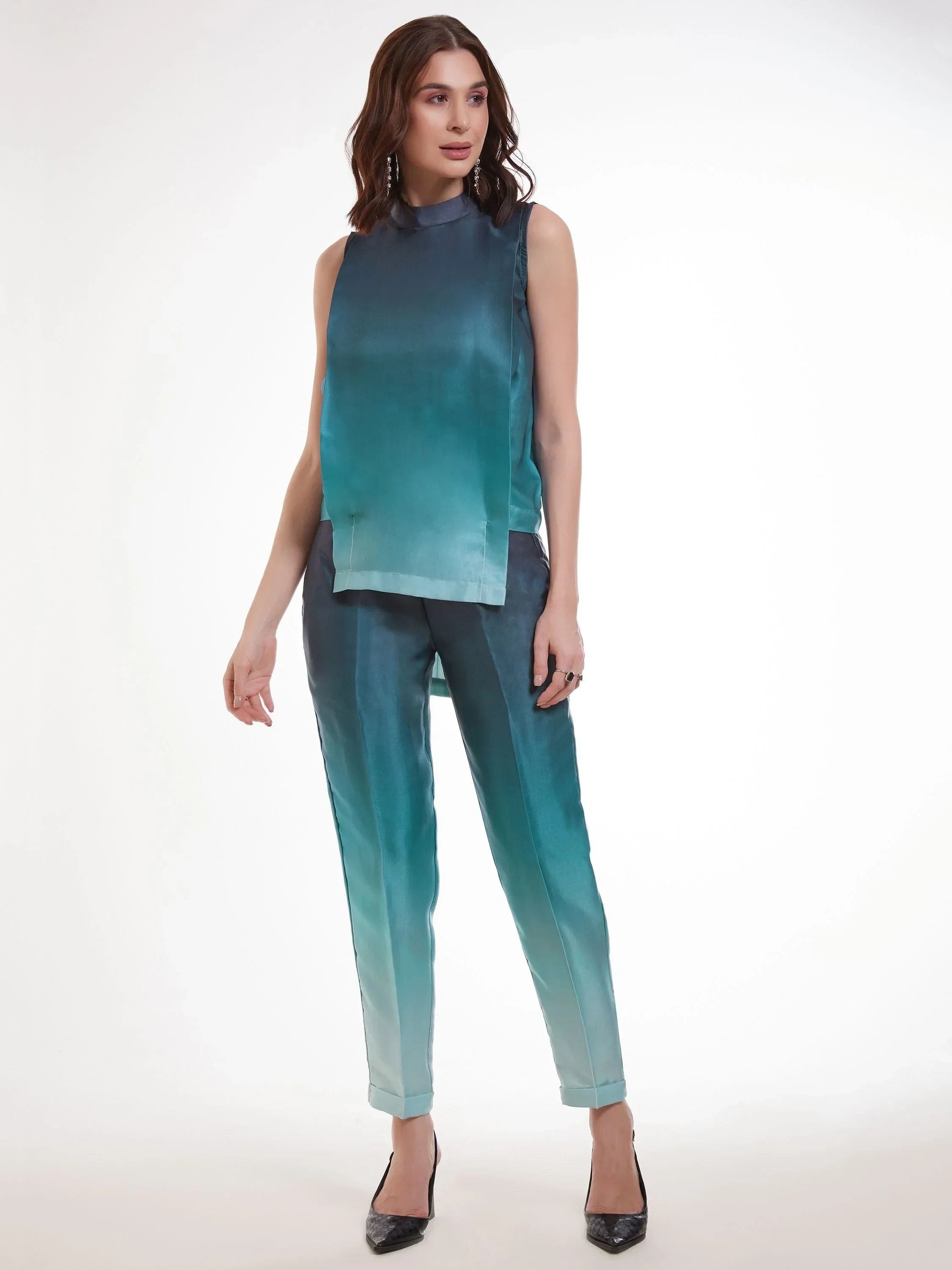 Memorable Ombre Blue Printed Satin Party Wear Co-Ord Set