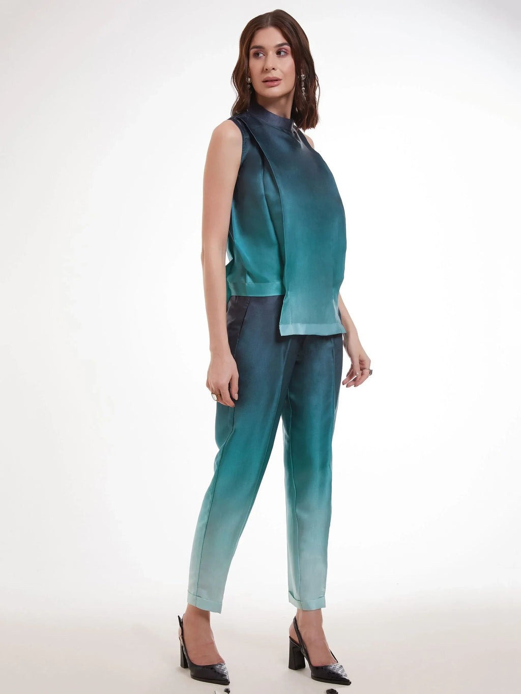 Memorable Ombre Blue Printed Satin Party Wear Co-Ord Set