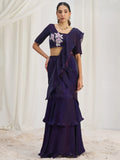 Lovely Wine Organza Pre-Stitched Ruffle Saree With Hand Work Blouse