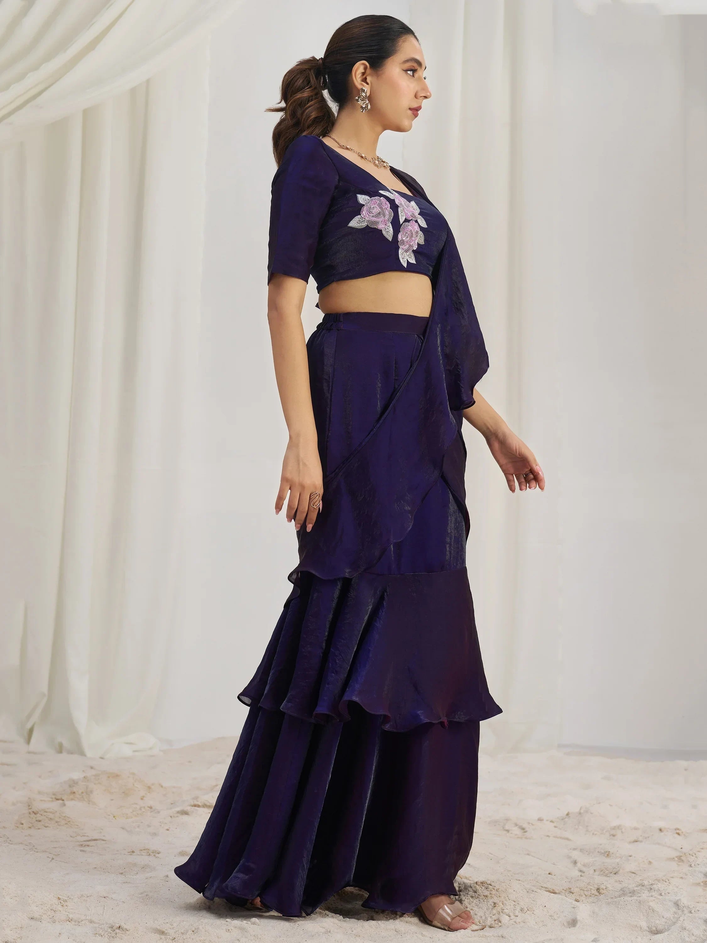 Lovely Wine Organza Pre-Stitched Ruffle Saree With Hand Work Blouse
