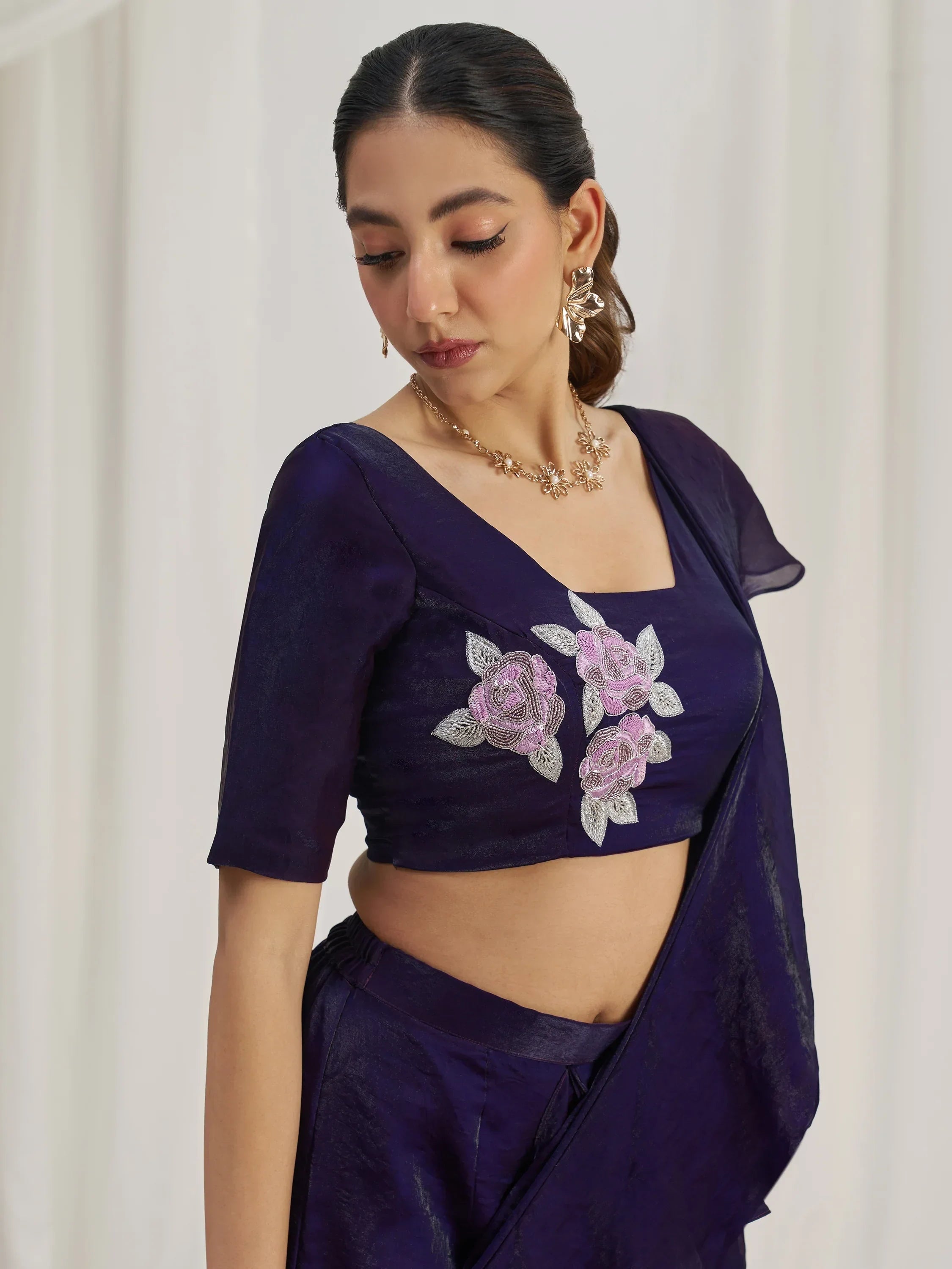 Lovely Wine Organza Pre-Stitched Ruffle Saree With Hand Work Blouse