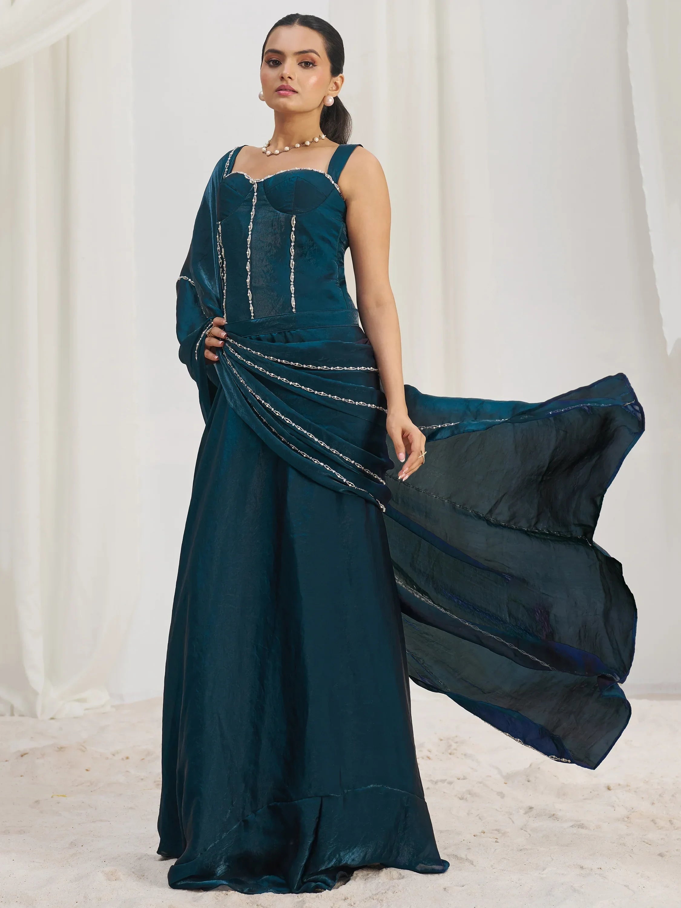 Glamorous Navy Blue Organza Ready To Wear Saree With Corset Blouse